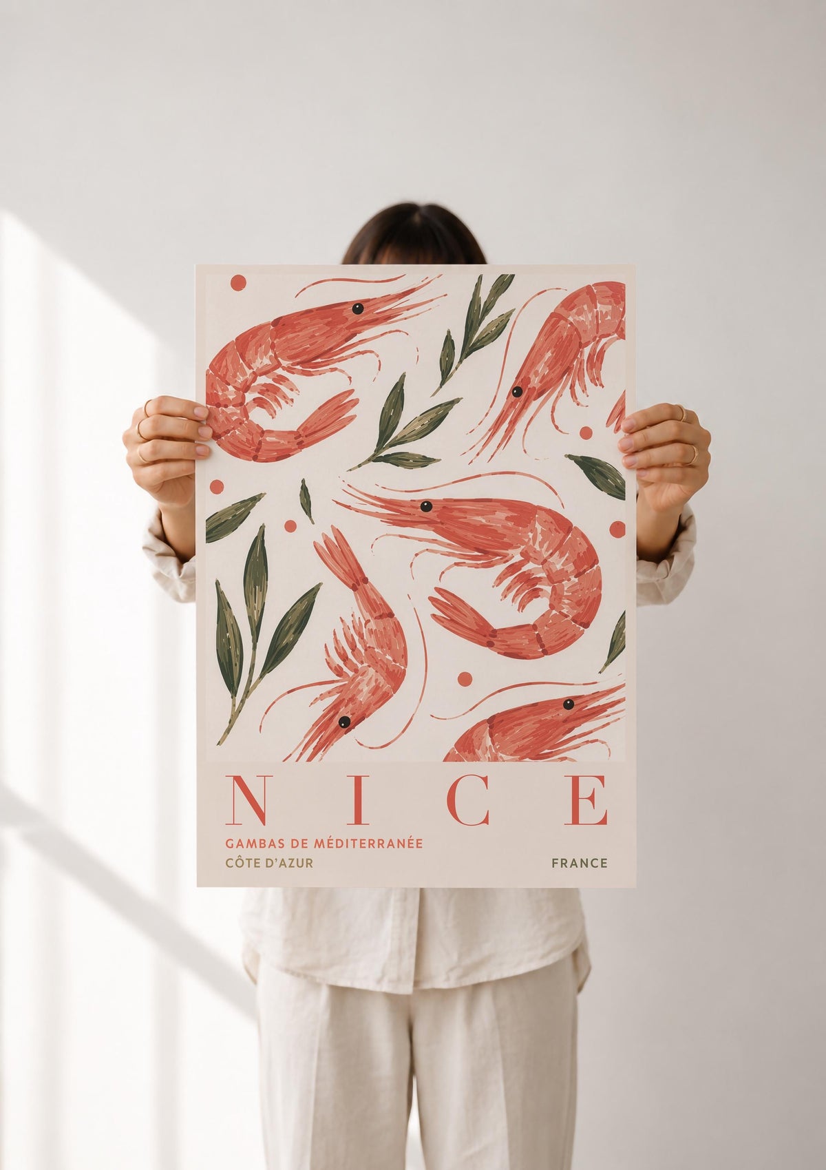 Nice France Travel Poster | Hand-Painted Shrimp, Côte d’Azur Coastal Art | Framed or Unframed