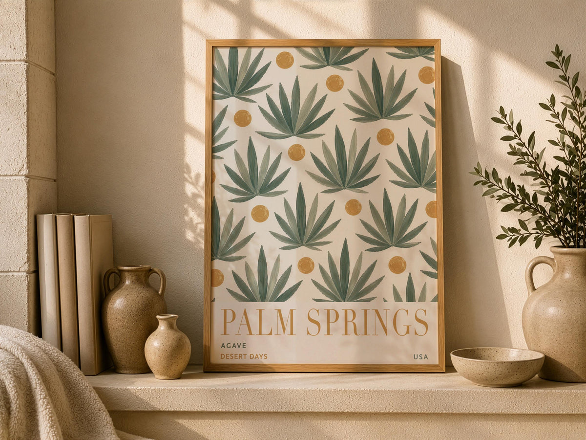 Palm Springs Agave Print | Mid-Century Hand-Painted Desert Botanical Wall Art | Framed or Unframed