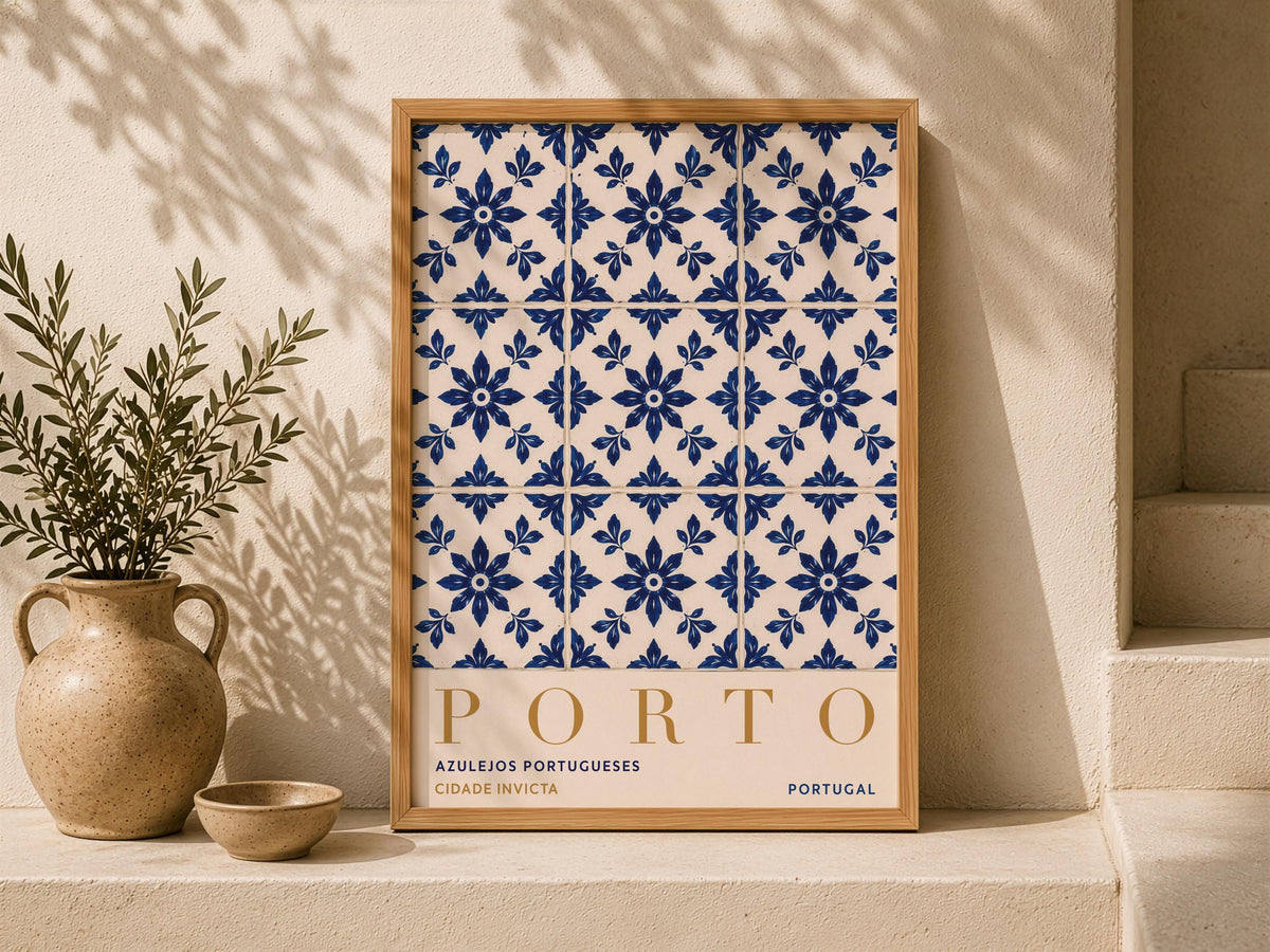 Porto Azulejo Tile Print | Portuguese Coastal Travel Poster | Framed or Unframed