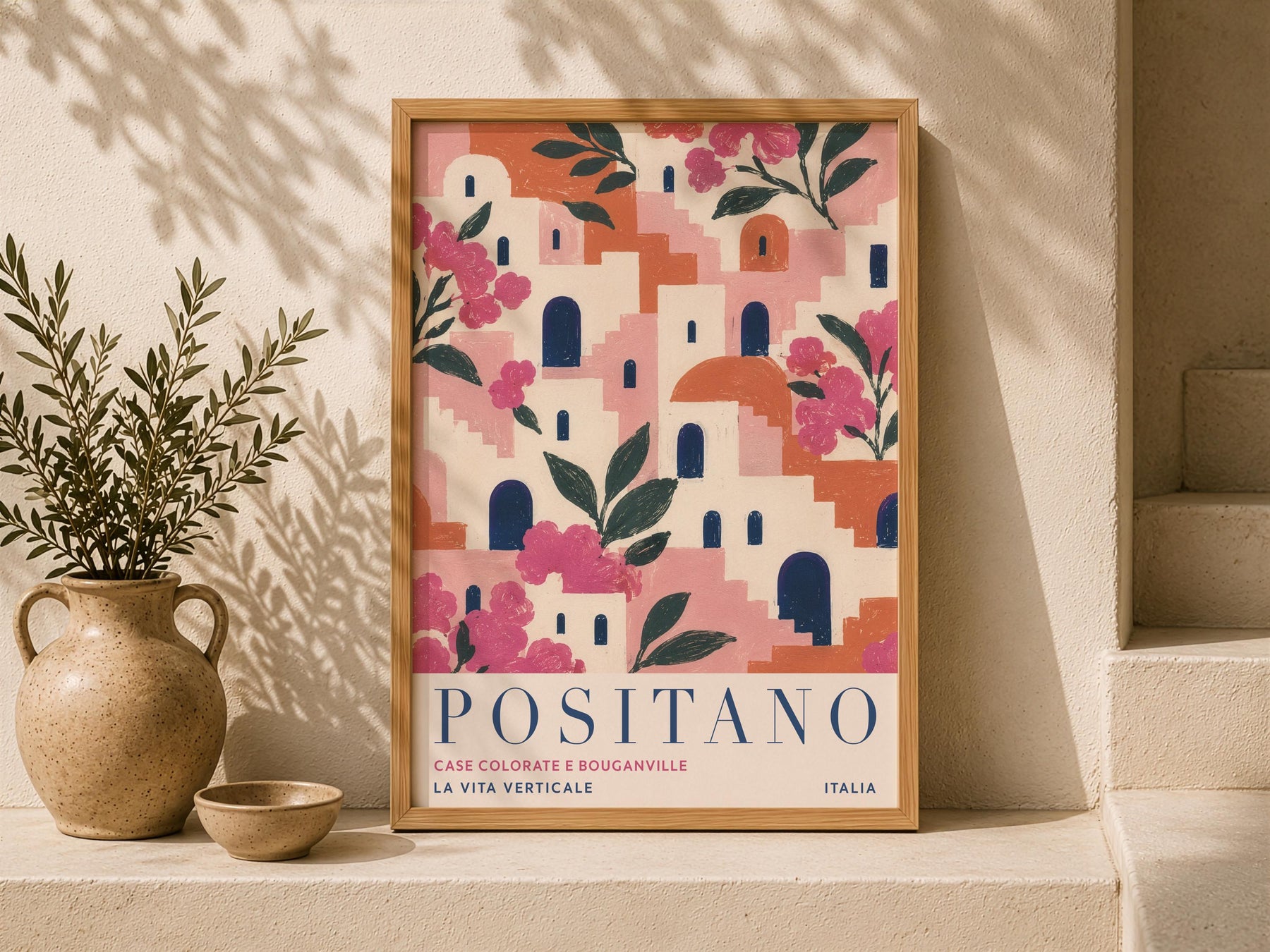Positano Print | Amalfi Coast Travel Poster, Bougainvillea Floral Wall Art | Framed or Unframed
