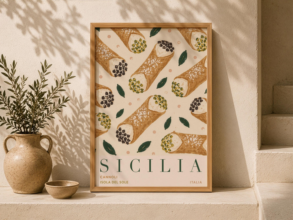 Sicily Cannoli Print | Hand-Painted Italian Food Travel Poster, Kitchen Decor | Framed or Unframed