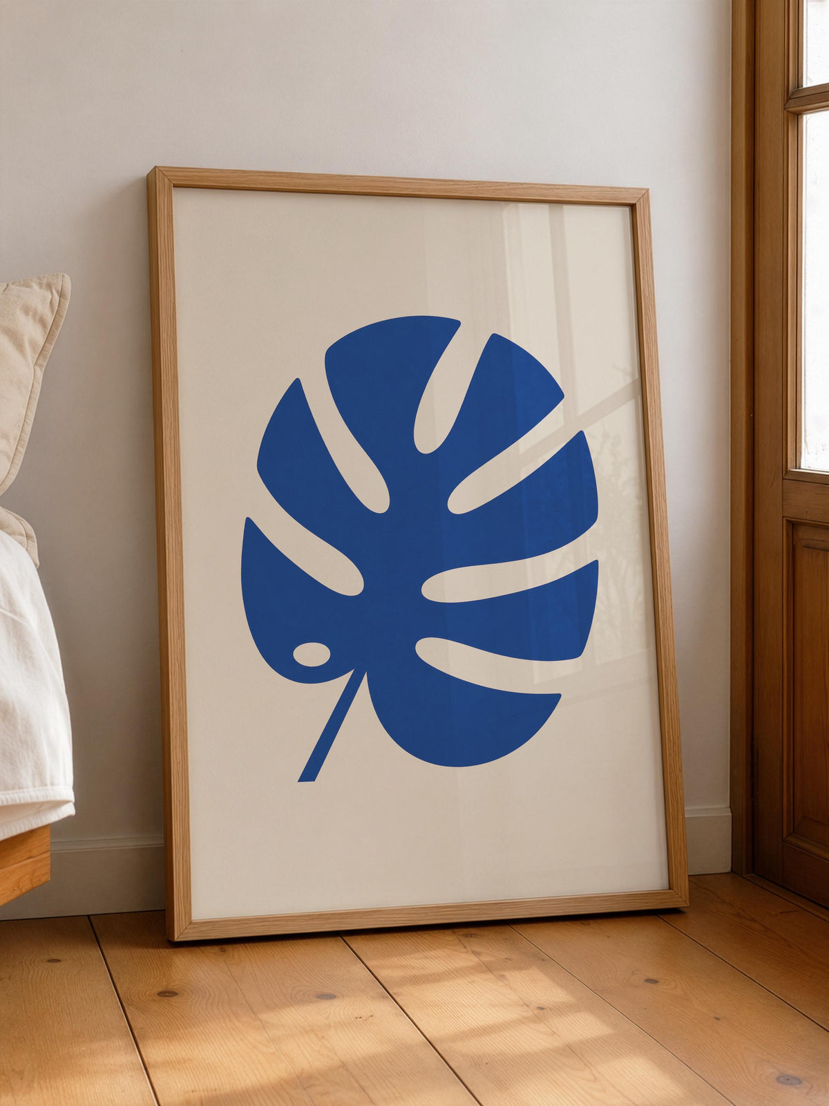 Blue Monstera Leaf Print | Modern Botanical Wall Art, Minimalist Room Decor | Framed or Unframed
