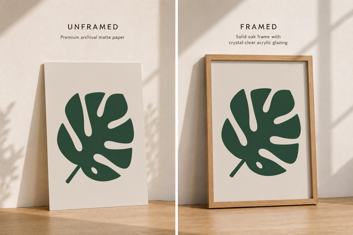 Canopy Green Monstera Leaf Print | Tropical Botanical Wall Art, Minimalist Poster | Framed or Unframed