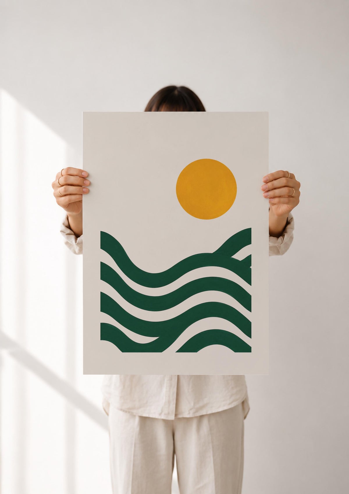 Abstract Landscape Seascape Print | Green Waves, Sun Illustration, Coastal Wall Art | Framed or Unframed