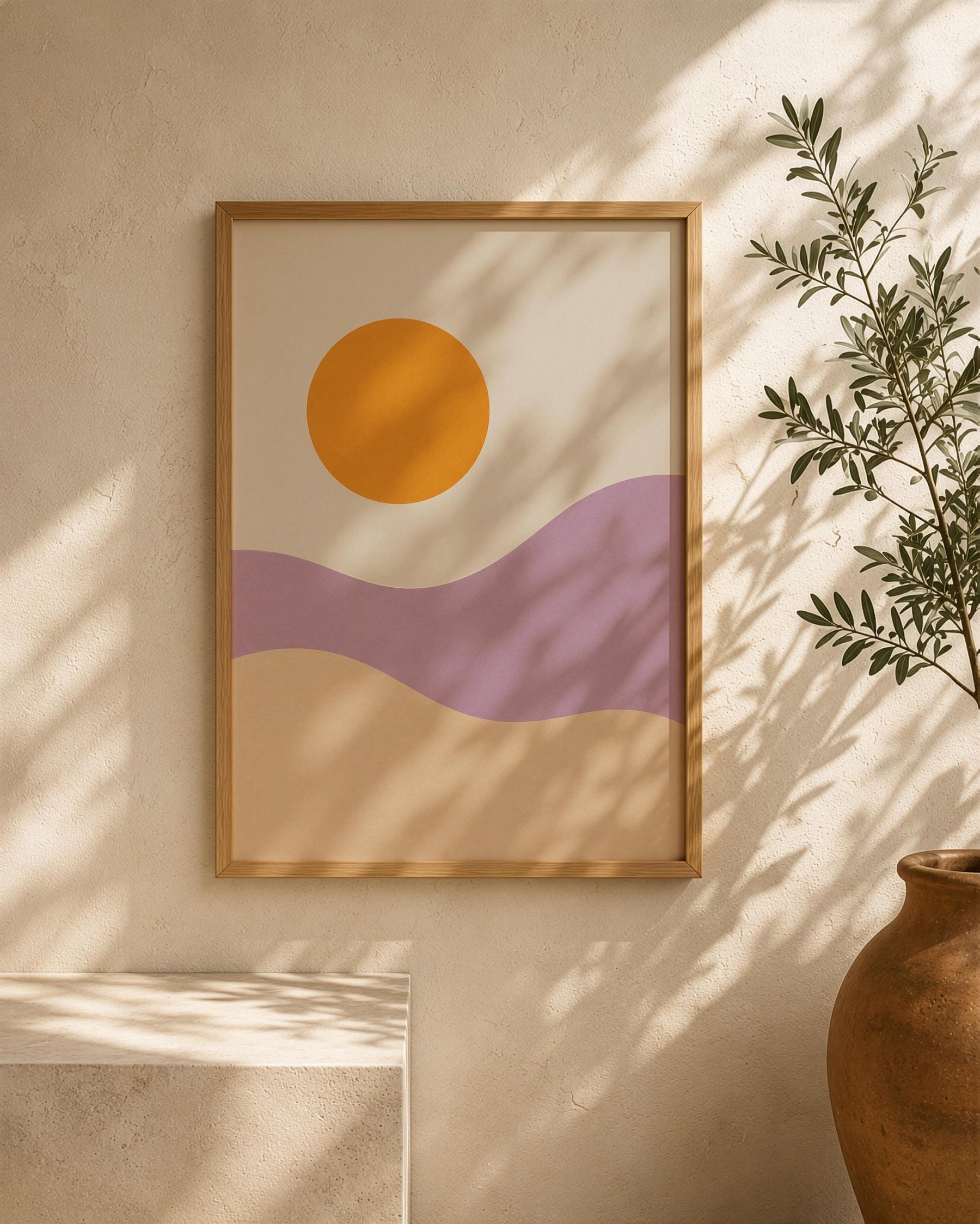 Desert Dunes Abstract Print | Minimalist Lilac Hills, Golden Sun Wall Art | Framed or Unframed