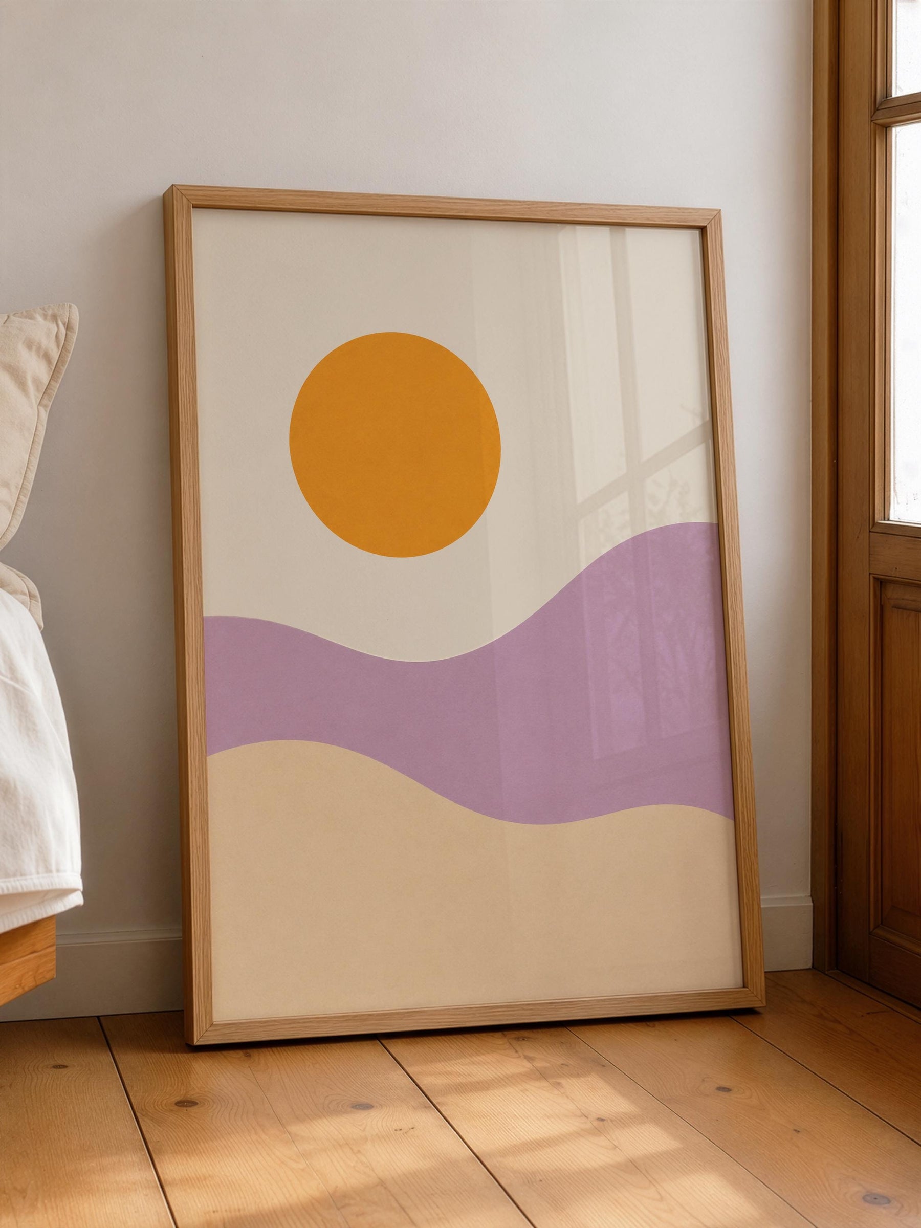 Desert Dunes Abstract Print | Minimalist Lilac Hills, Golden Sun Wall Art | Framed or Unframed
