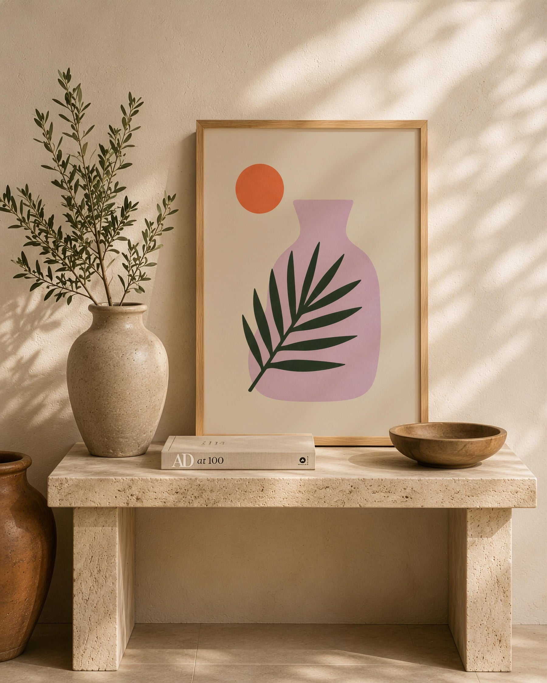 Sunset Palm Leaf Print | Purple Vase Botanical Art, Mediterranean Modern Decor | Framed or Unframed