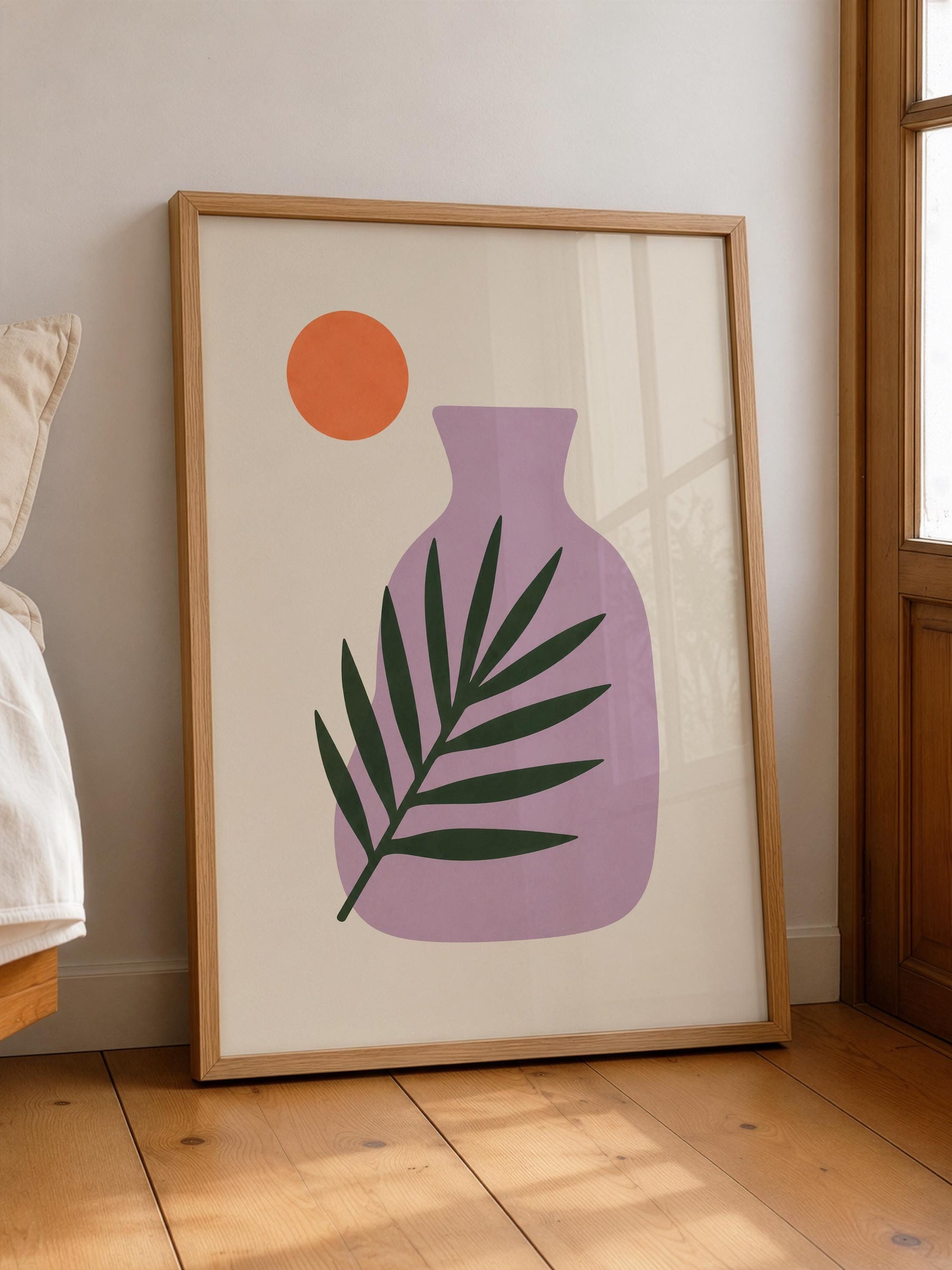 Sunset Palm Leaf Print | Purple Vase Botanical Art, Mediterranean Modern Decor | Framed or Unframed