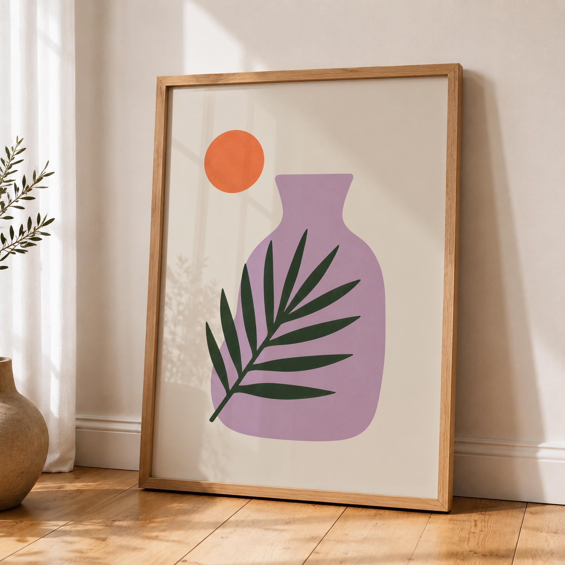 Sunset Palm Leaf Print | Purple Vase Botanical Art, Mediterranean Modern Decor | Framed or Unframed