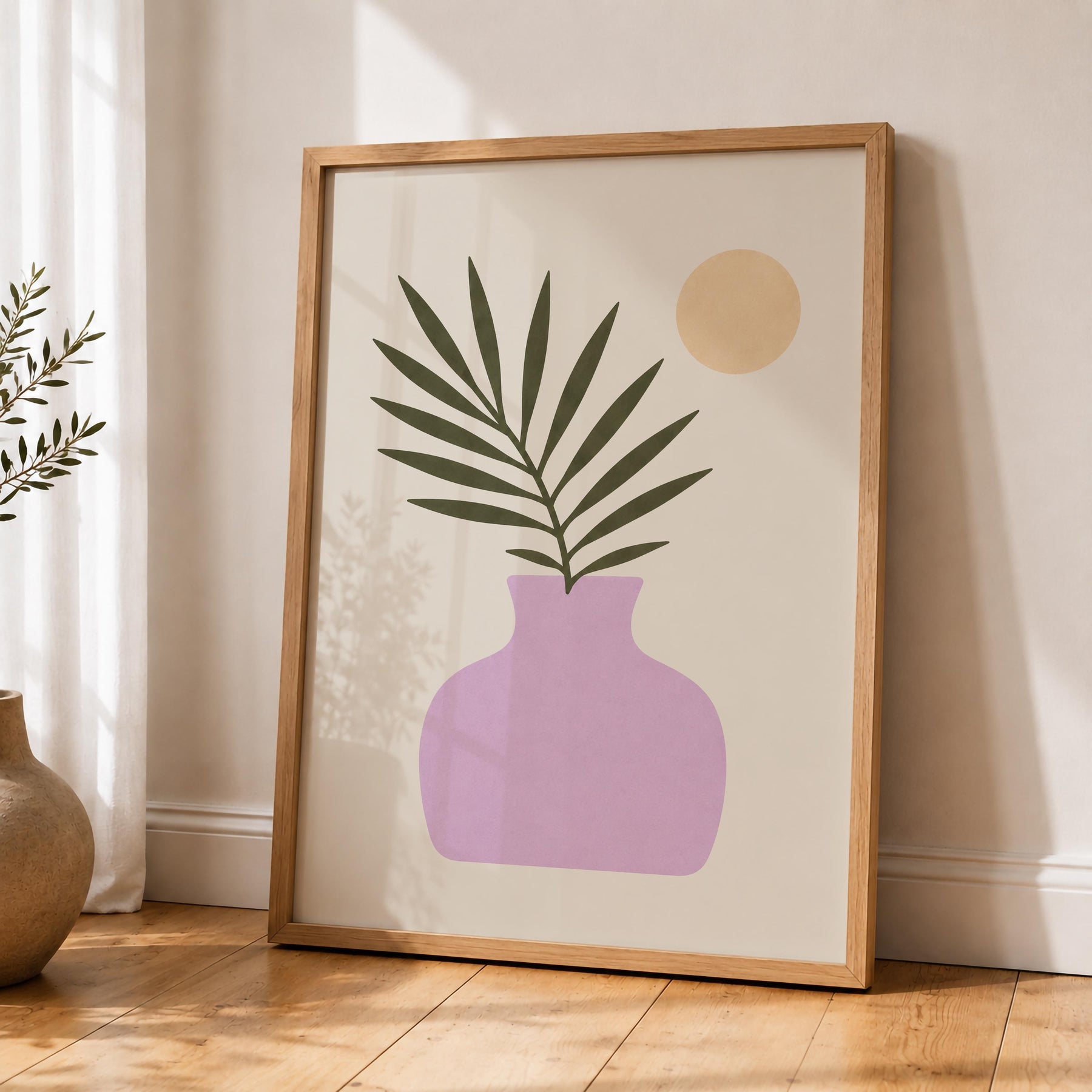 Moonlit Palmera Palm Frond Print | Minimalist Botanical Vase Wall Art | Framed or Unframed