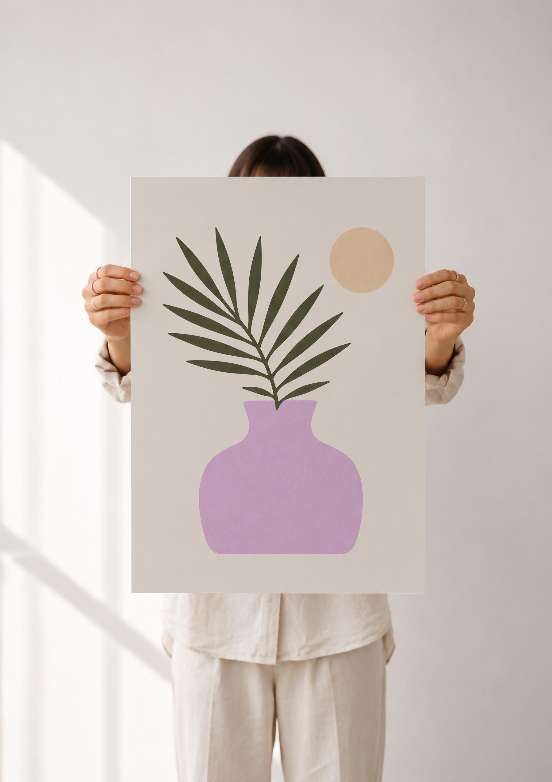 Moonlit Palmera Palm Frond Print | Minimalist Botanical Vase Wall Art | Framed or Unframed