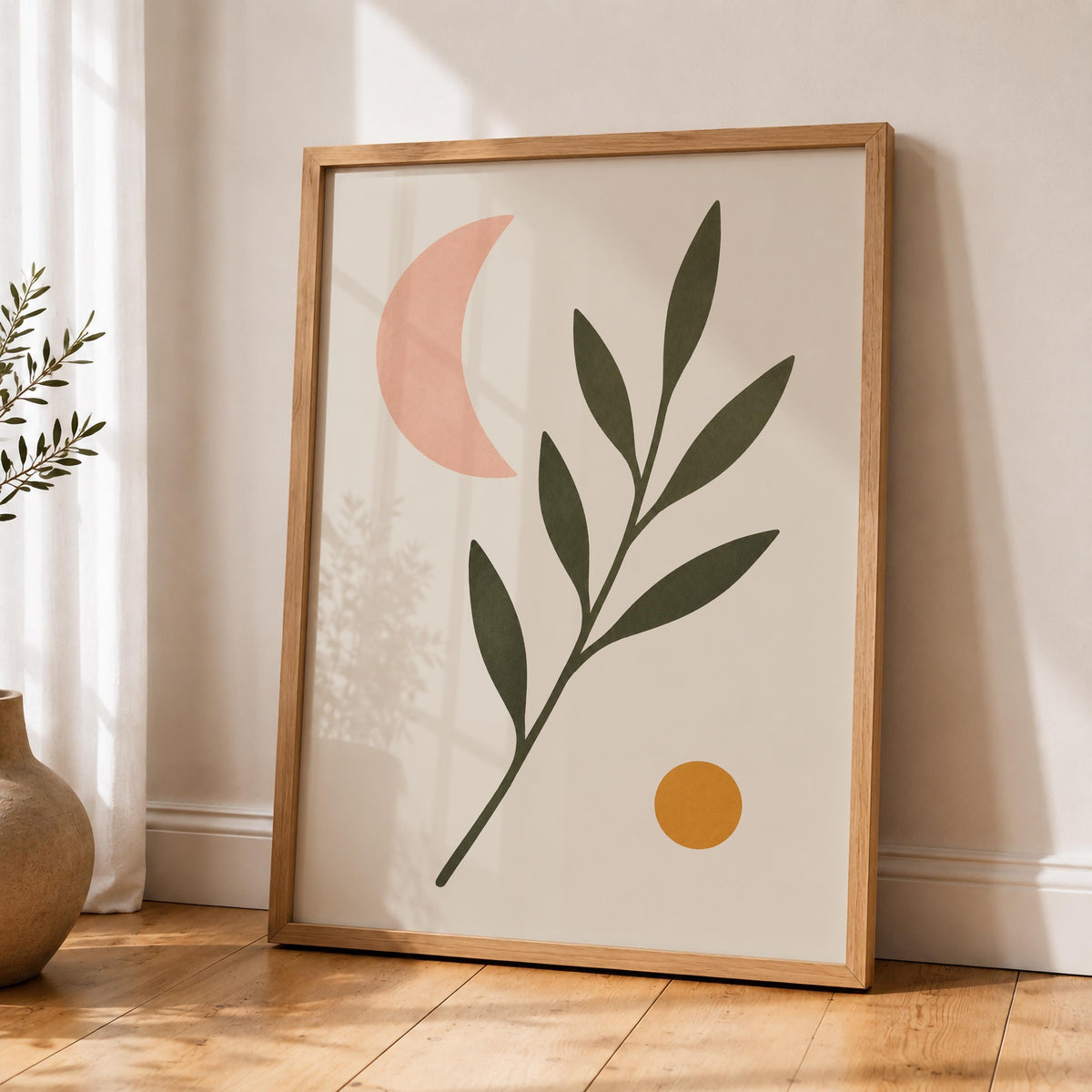 Luna Botanical Crescent Moon Print | Minimalist Scandinavian Wall Art | Framed or Unframed