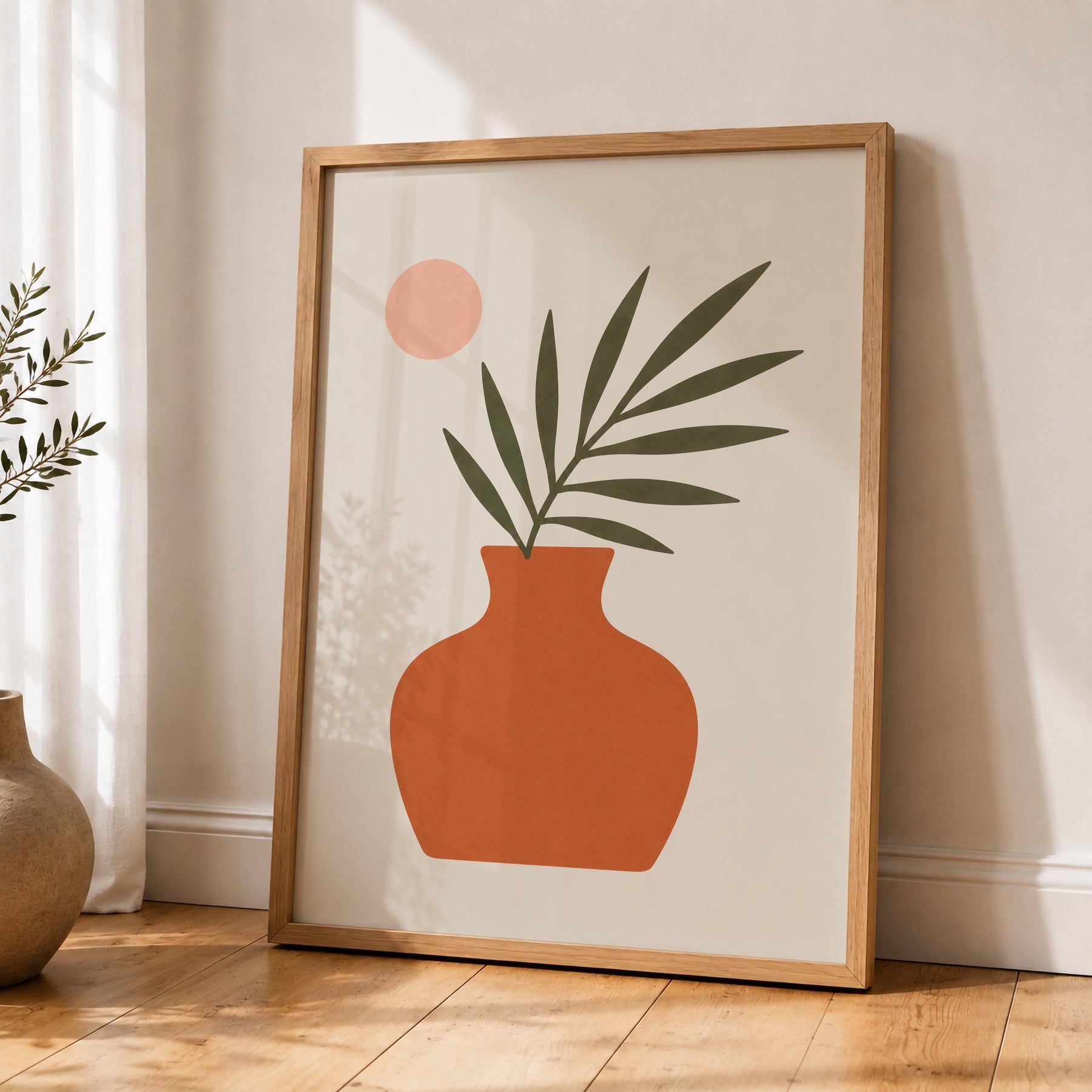 Vela Palm Leaf Vase Print | Minimalist Botanical Terracotta Wall Art | Framed or Unframed