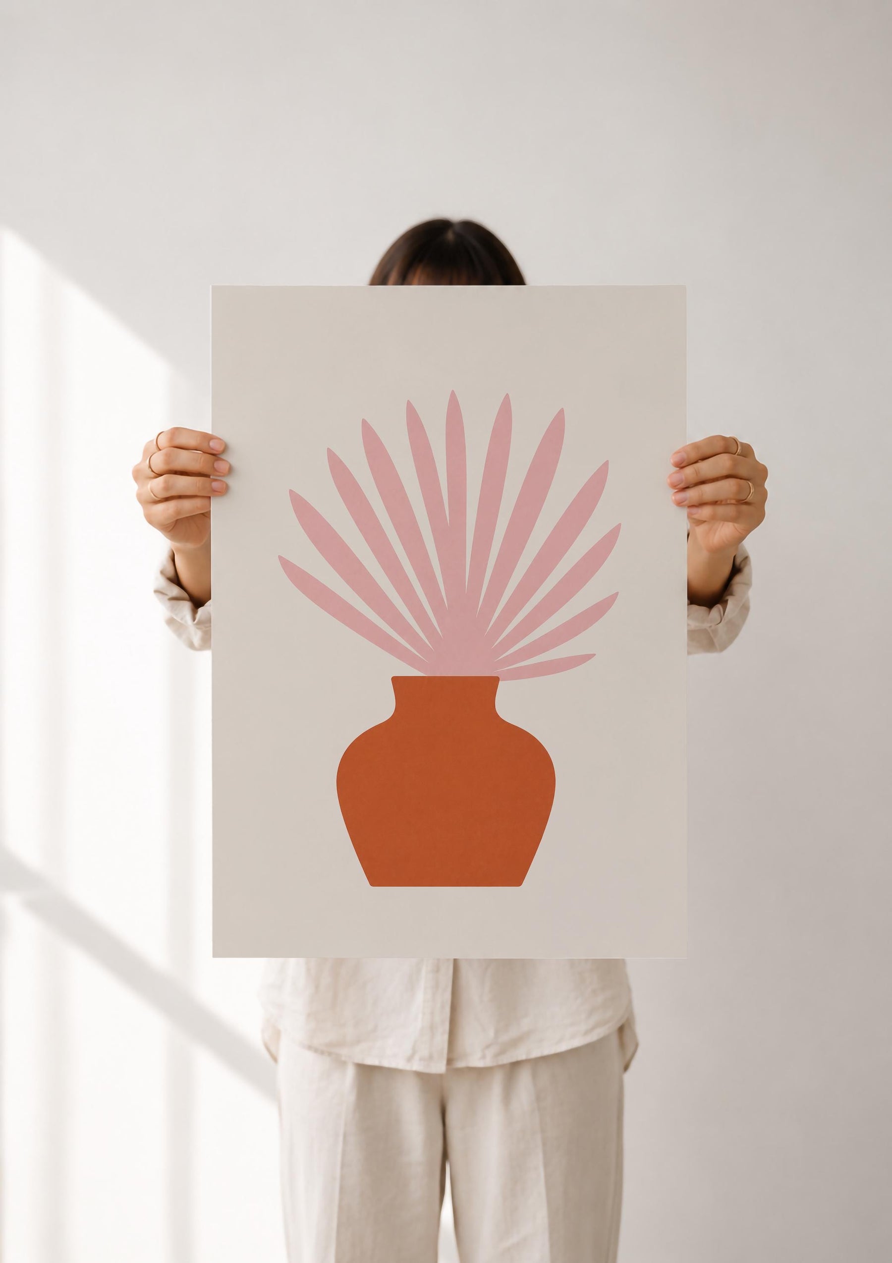 Botanical Vase Print | Ventaglio Pink Fan Palm, Mediterranean Wall Art | Framed or Unframed