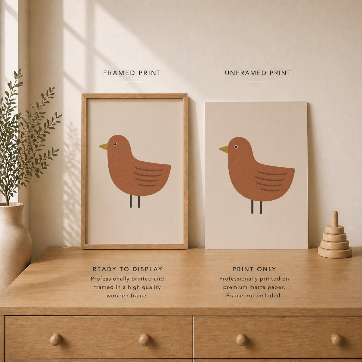 Hand-Painted Bird Print | Scandinavian Folk Art, Neutral Nursery Decor | Framed or Unframed