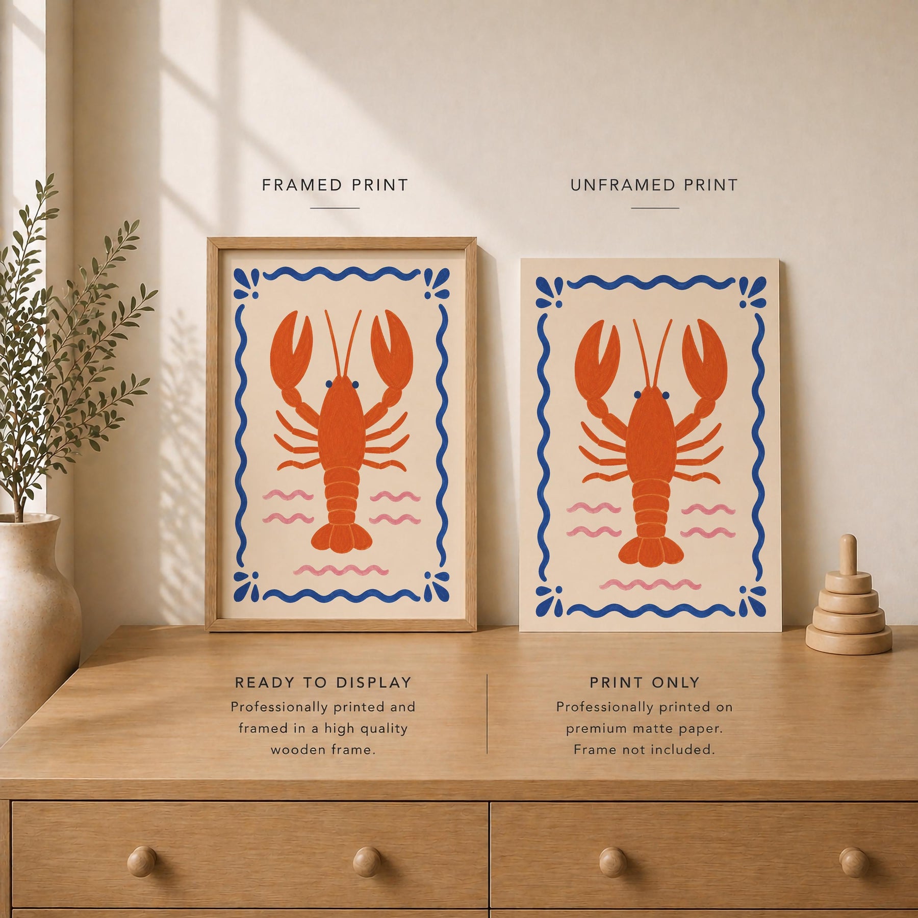 Hand-Painted Lobster Print | Coastal Beach House Decor | Framed or Unframed