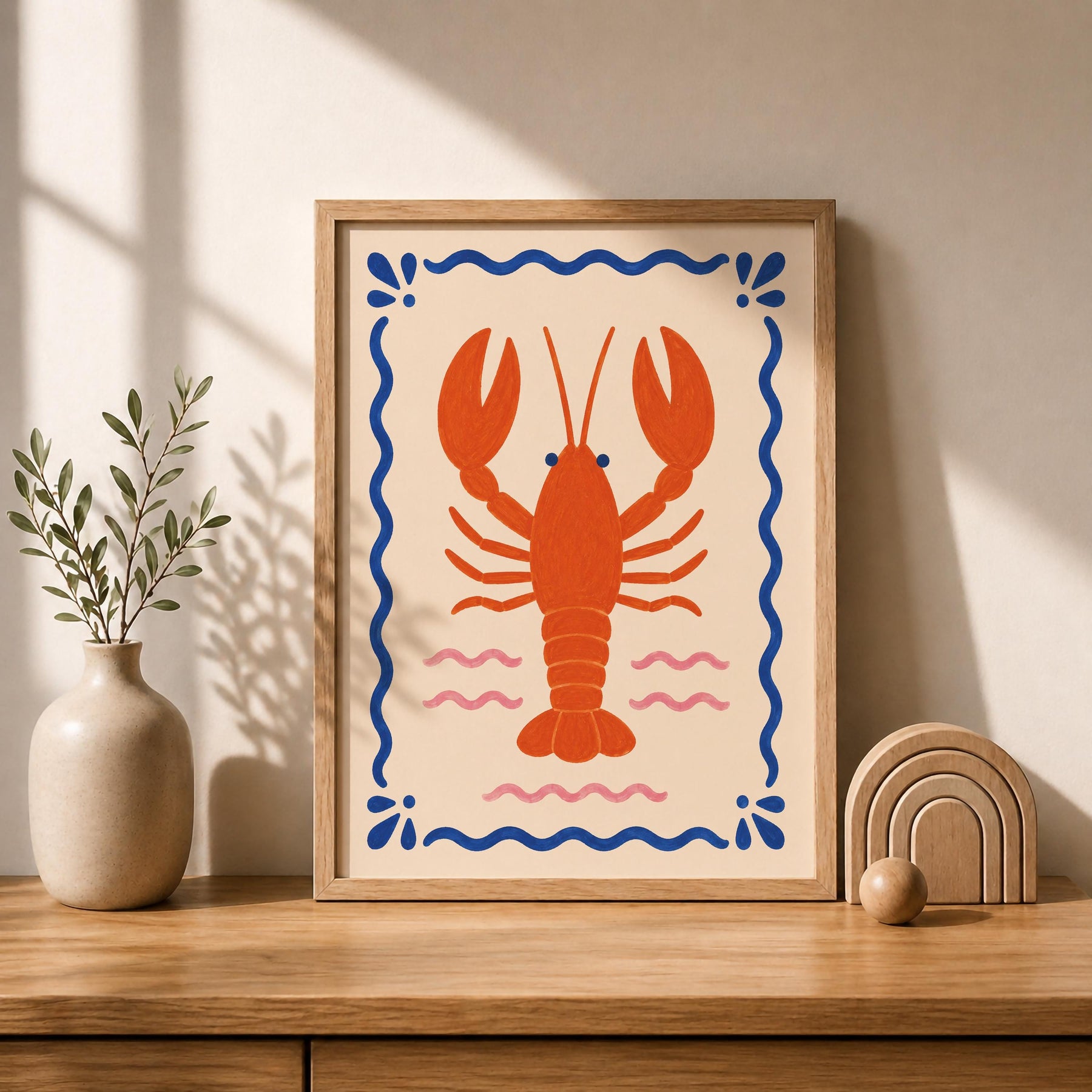 Hand-Painted Lobster Print | Coastal Beach House Decor | Framed or Unframed
