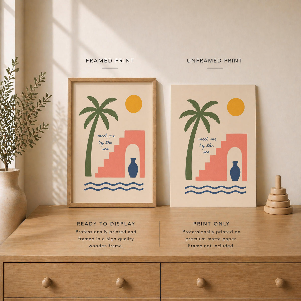 Hand-Painted Coastal Print | Mediterranean Palm Tree Wall Art | Framed or Unframed