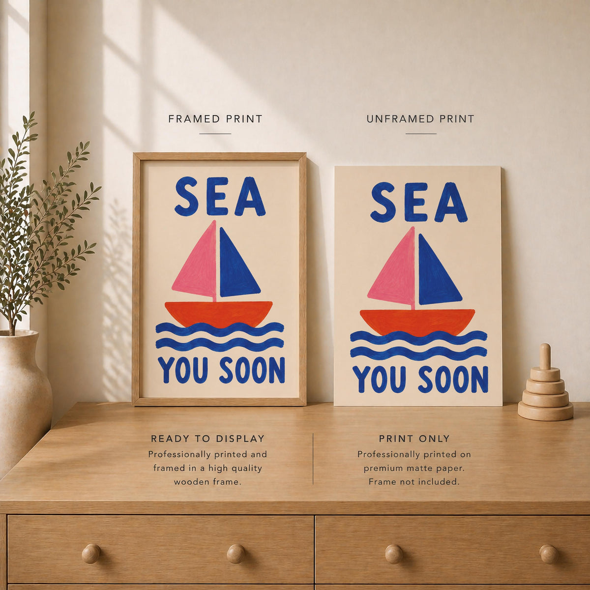 Sea You Soon Sailboat Print | Hand-Painted Coastal Wall Art | Framed or Unframed