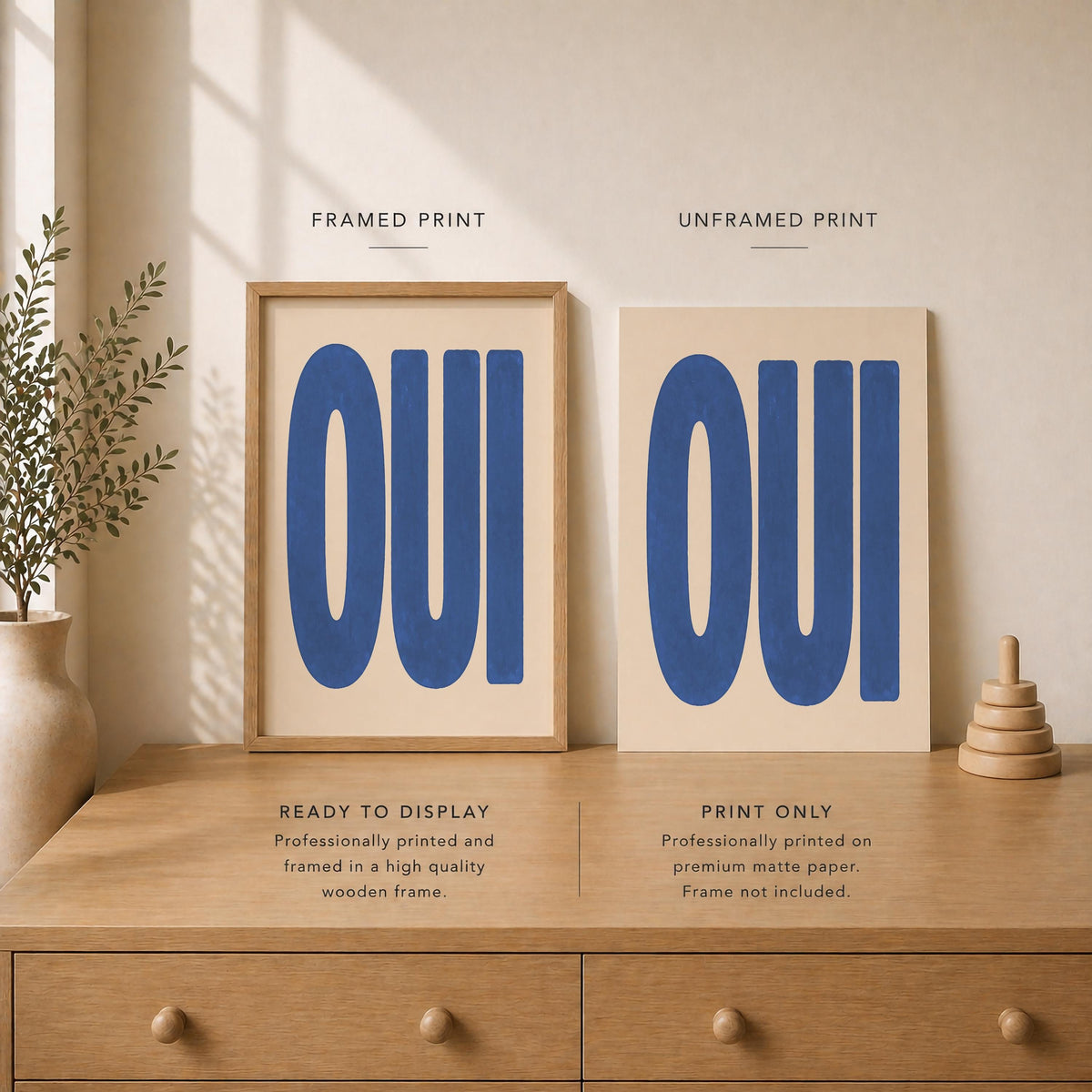 Oui Print | French Typography Wall Art, Hand-Painted Cobalt Blue Decor | Framed or Unframed