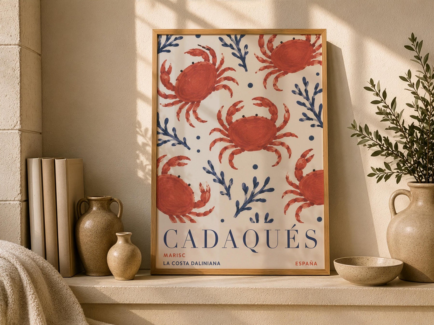 Cadaqués Spain Travel Poster | Hand-Painted Crab Coastal Mediterranean Wall Art | Framed or Unframed