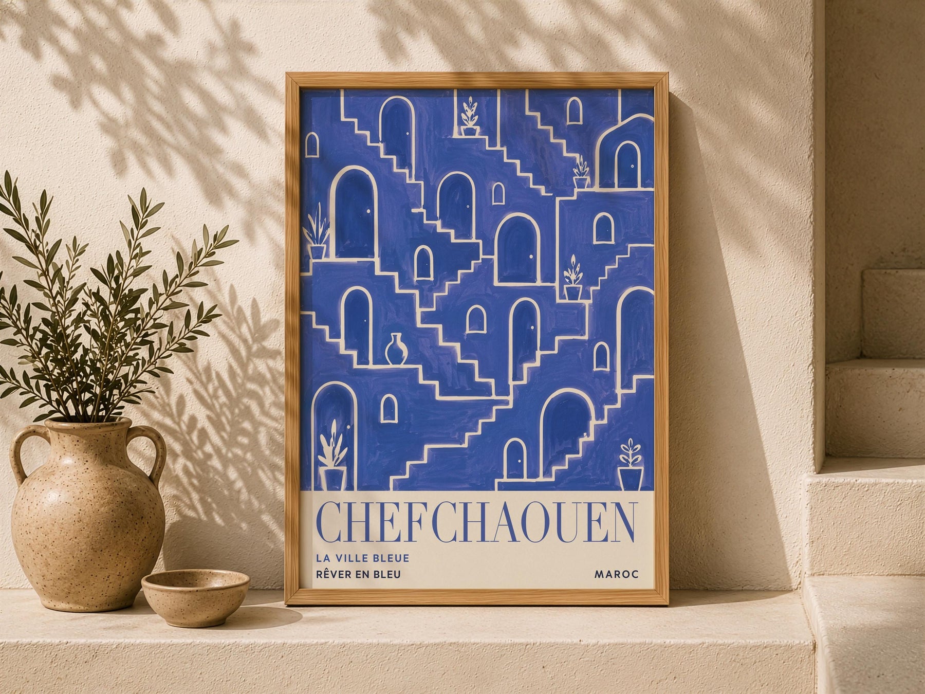 Chefchaouen Morocco Travel Poster | Blue City Wall Art, Mediterranean Decor | Framed or Unframed