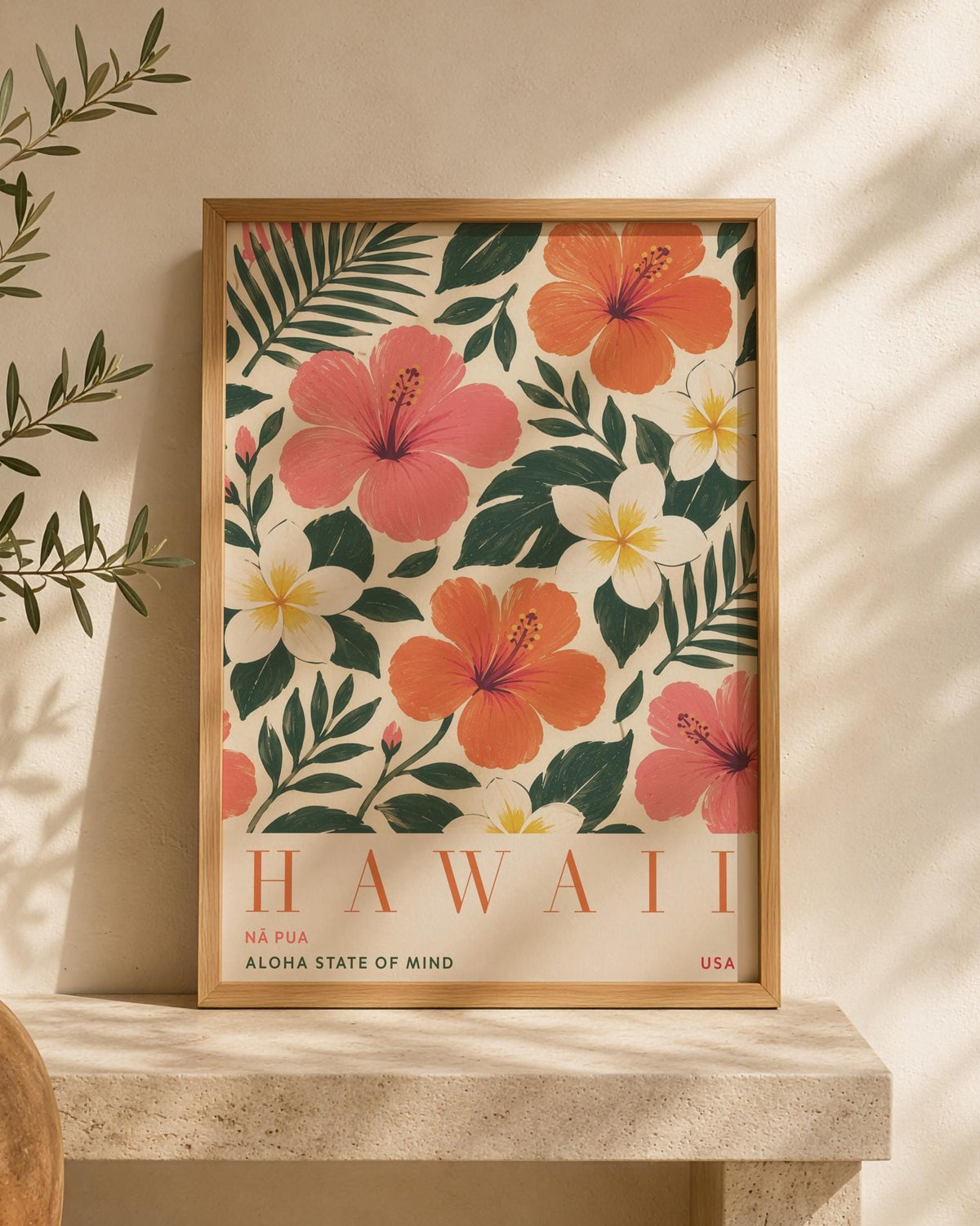 Hawaii Hibiscus Floral Travel Poster | Hand-Painted Tropical Aloha Decor | Framed or Unframed