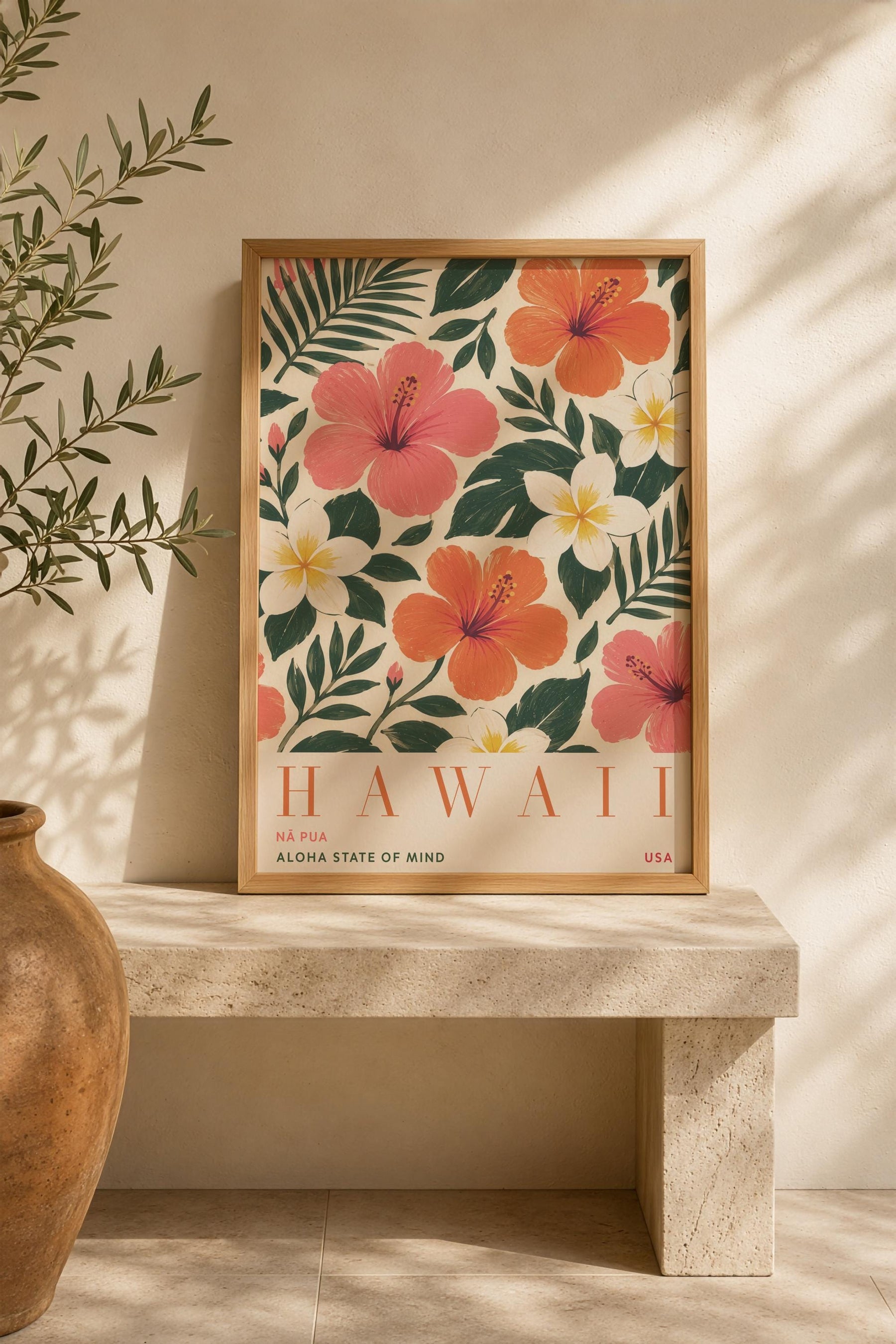 Hawaii Hibiscus Floral Travel Poster | Hand-Painted Tropical Aloha Decor | Framed or Unframed