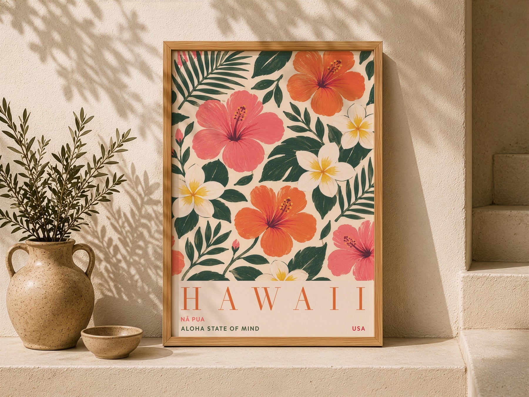 Hawaii Hibiscus Floral Travel Poster | Hand-Painted Tropical Aloha Decor | Framed or Unframed