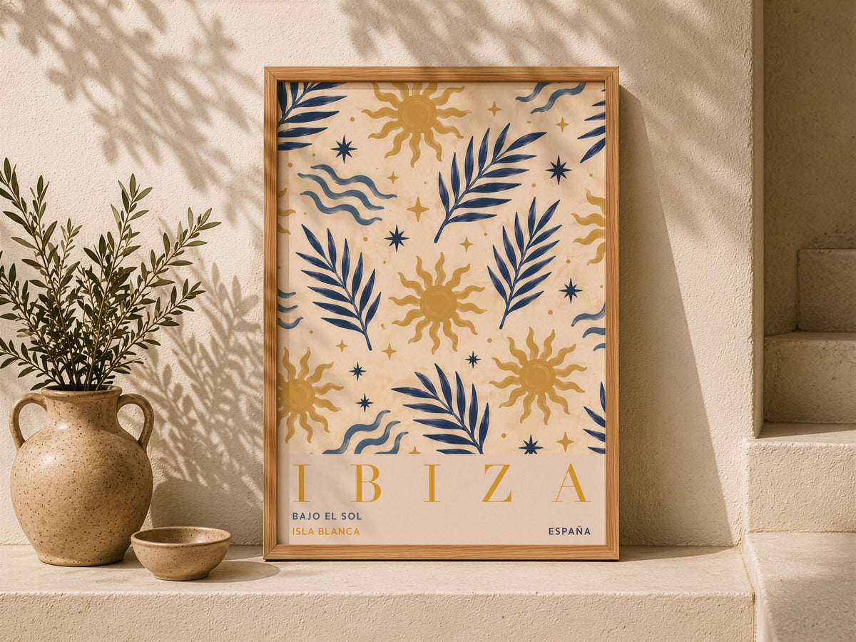 Ibiza Sun Palm Print | Hand-Painted Mediterranean Coastal Wall Art | Framed or Unframed