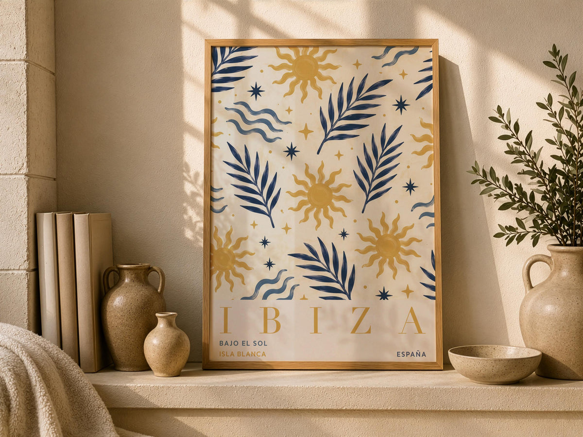 Ibiza Sun Palm Print | Hand-Painted Mediterranean Coastal Wall Art | Framed or Unframed