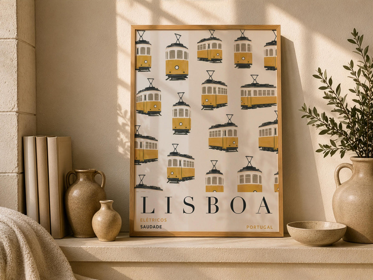 Lisbon Print | Yellow Tram Wall Art, Hand-Painted Portugal Travel Poster | Framed or Unframed
