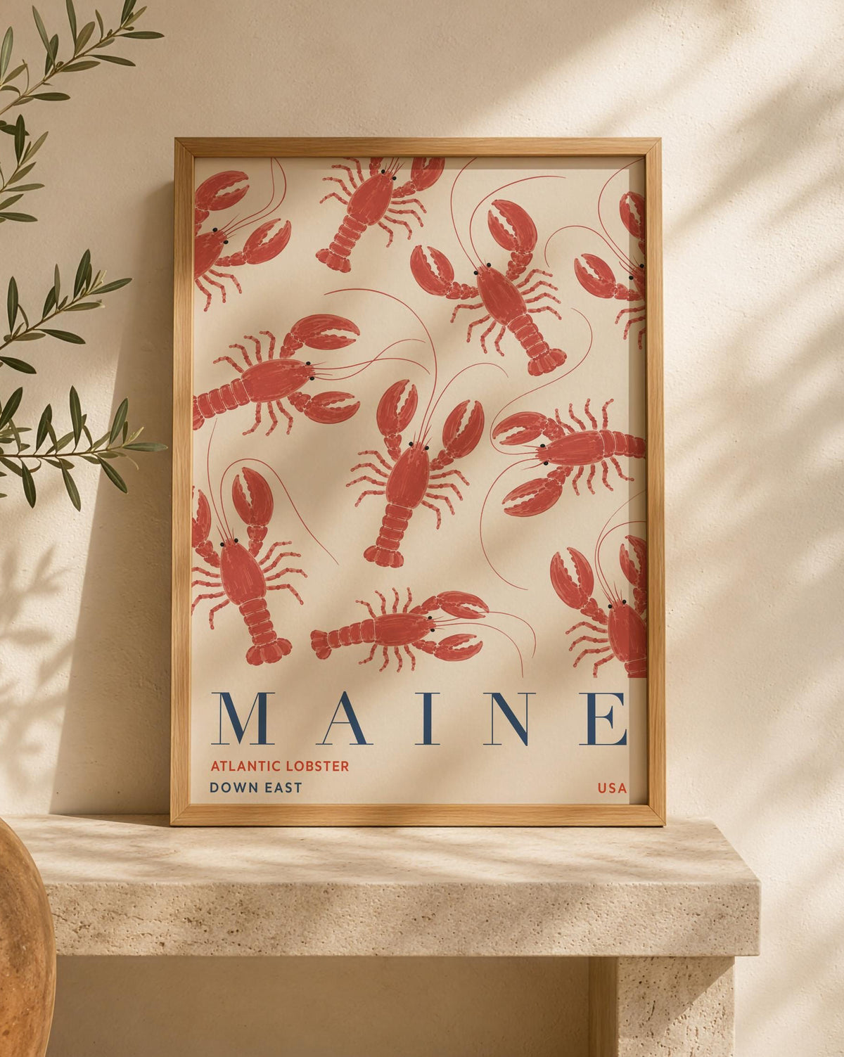 Maine Lobster Print | Coastal New England Travel Poster, Hand-Painted Nautical Art | Framed or Unframed