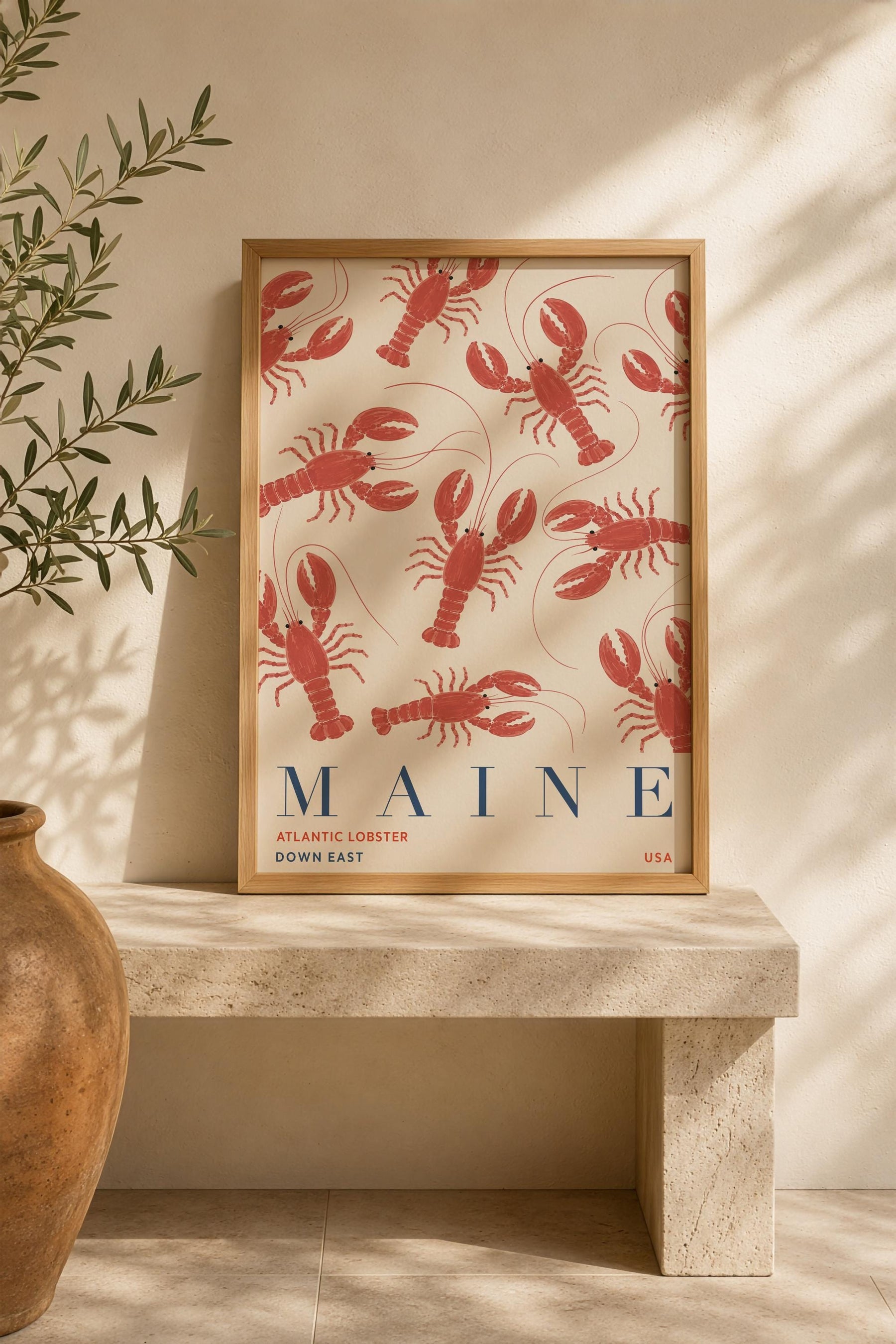 Maine Lobster Print | Coastal New England Travel Poster, Hand-Painted Nautical Art | Framed or Unframed