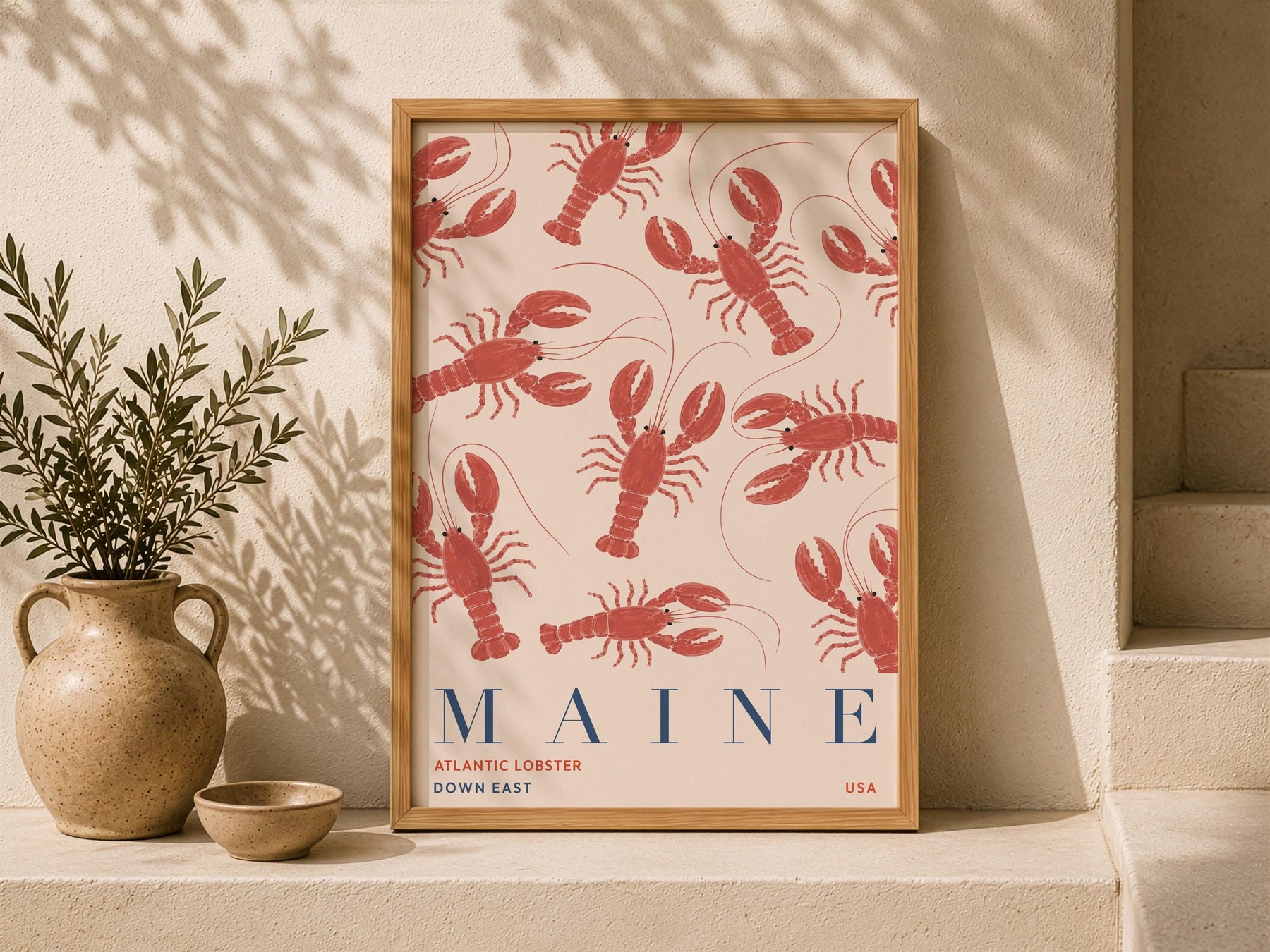 Maine Lobster Print | Coastal New England Travel Poster, Hand-Painted Nautical Art | Framed or Unframed