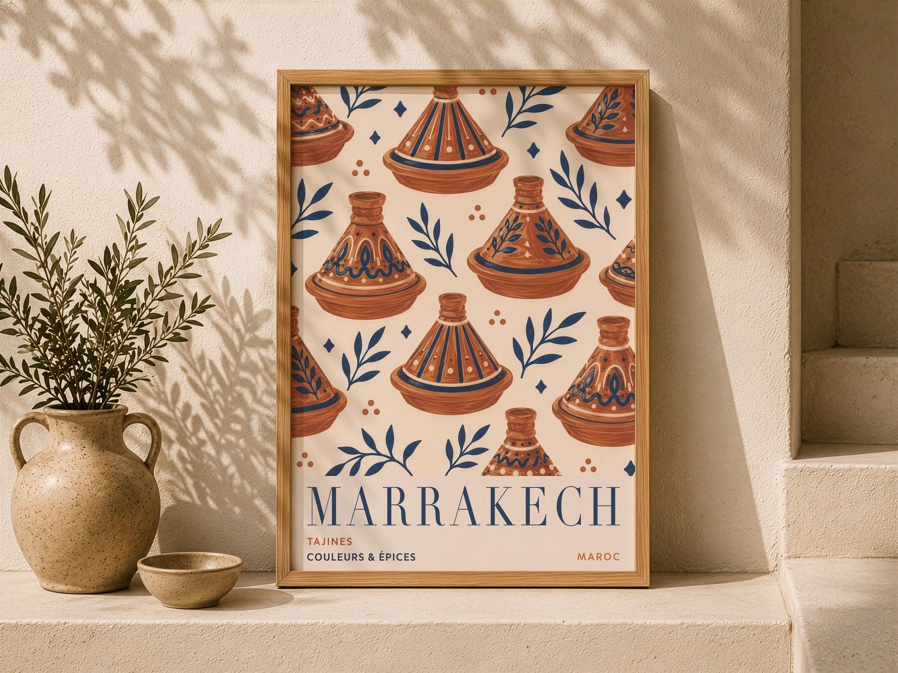 Marrakech Print | Hand-Painted Tagine Travel Poster, Moroccan Boho Kitchen Art | Framed or Unframed