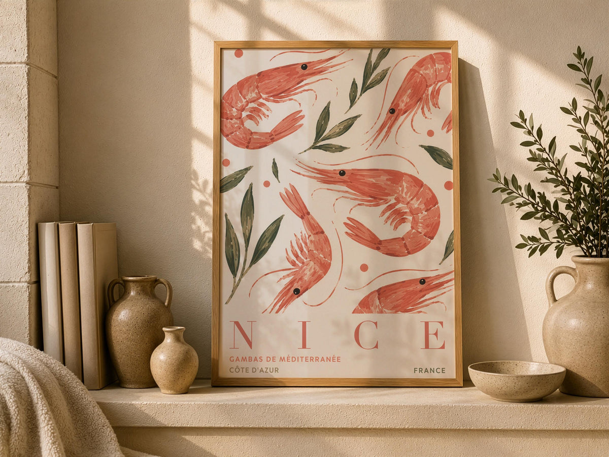 Nice France Travel Poster | Hand-Painted Shrimp, Côte d’Azur Coastal Art | Framed or Unframed