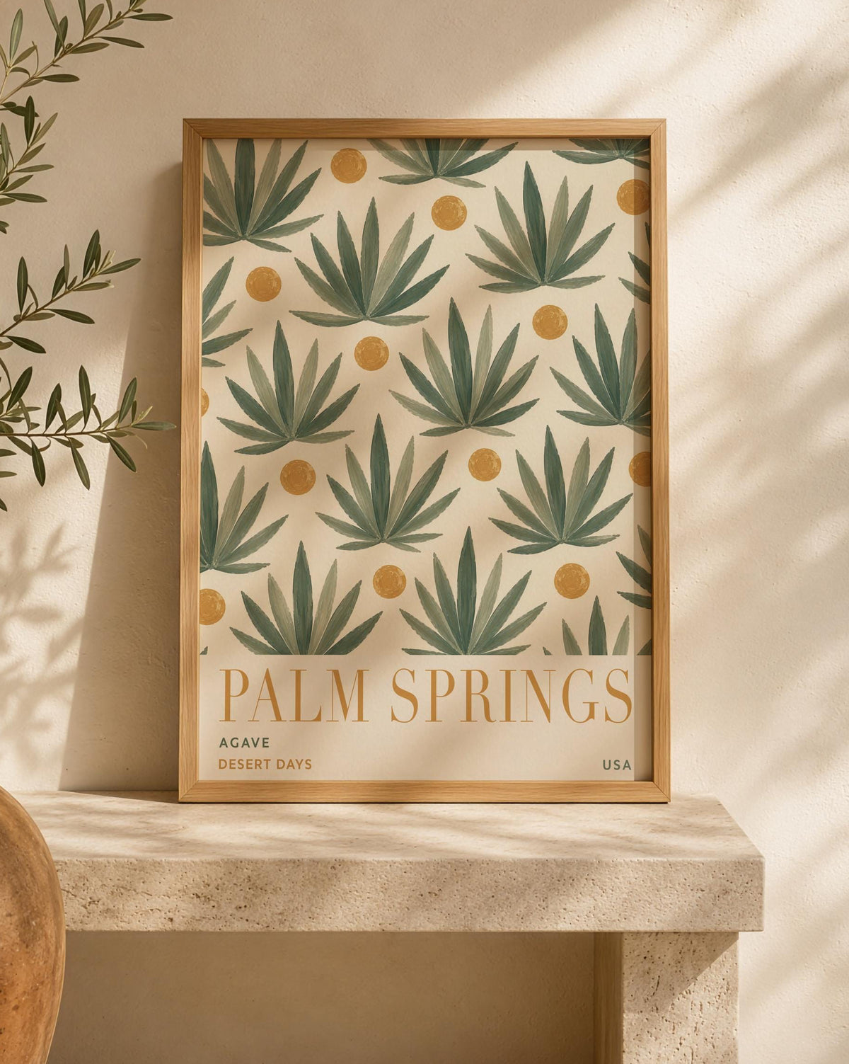 Palm Springs Agave Print | Mid-Century Hand-Painted Desert Botanical Wall Art | Framed or Unframed