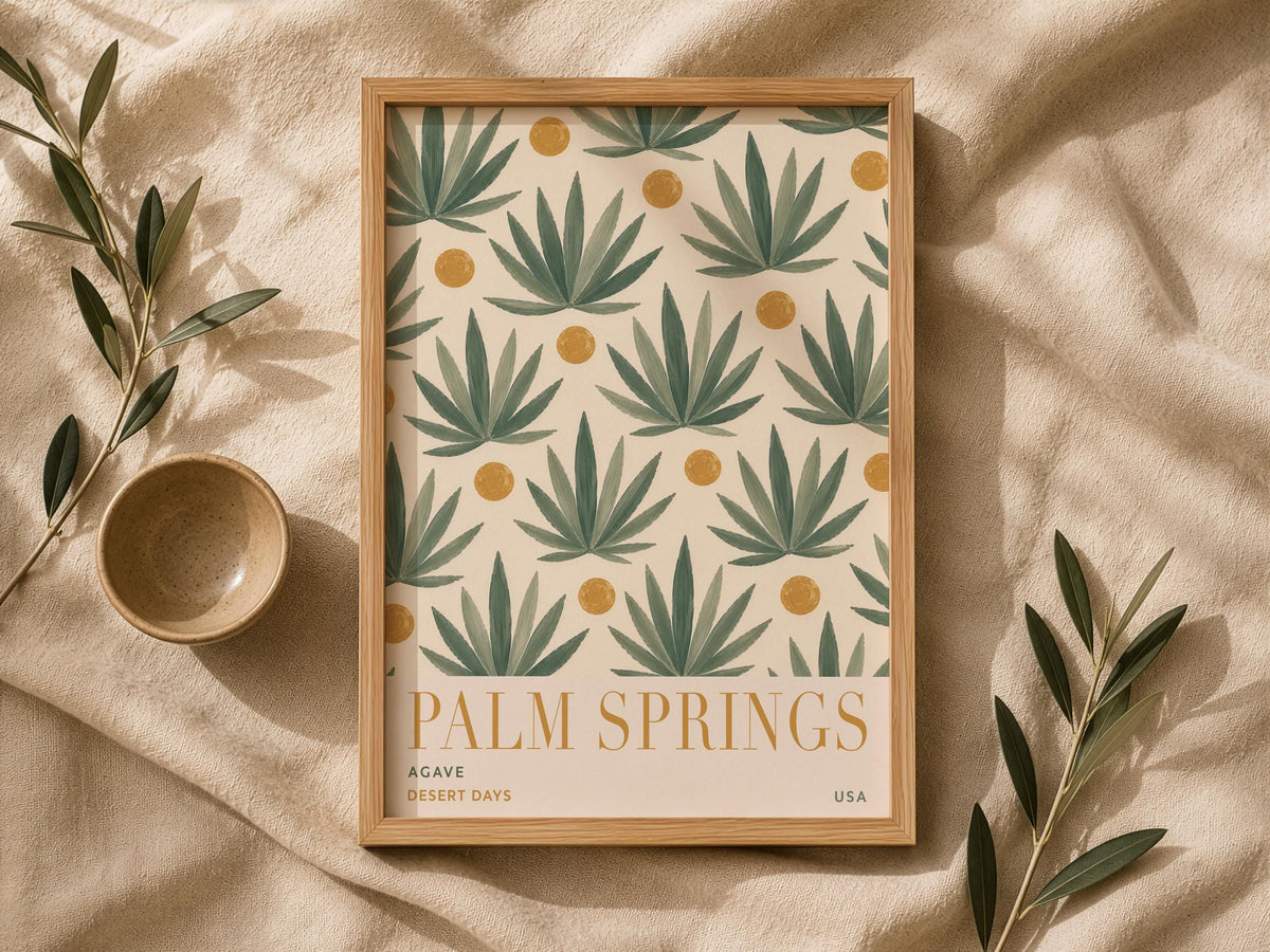 Palm Springs Agave Print | Mid-Century Hand-Painted Desert Botanical Wall Art | Framed or Unframed
