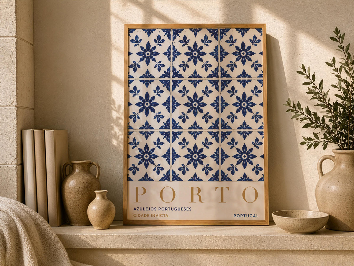 Porto Azulejo Tile Print | Portuguese Coastal Travel Poster | Framed or Unframed