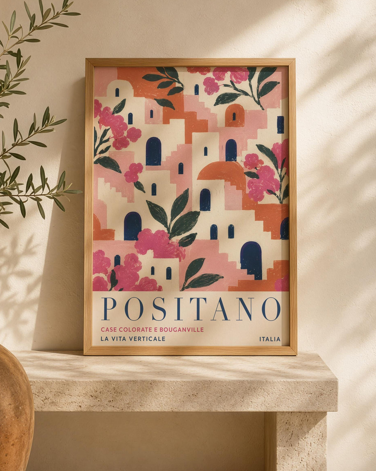 Positano Print | Amalfi Coast Travel Poster, Bougainvillea Floral Wall Art | Framed or Unframed
