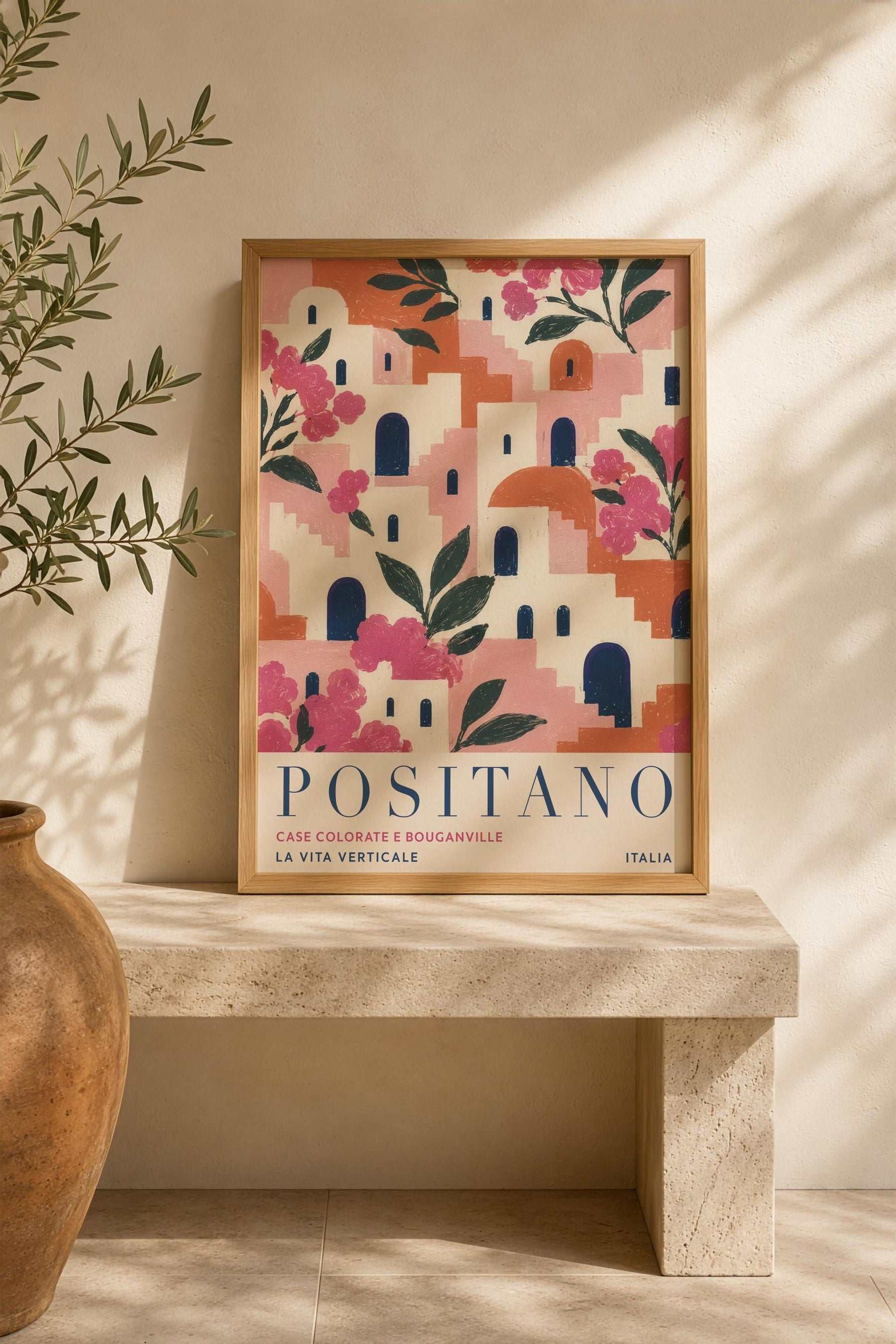 Positano Print | Amalfi Coast Travel Poster, Bougainvillea Floral Wall Art | Framed or Unframed