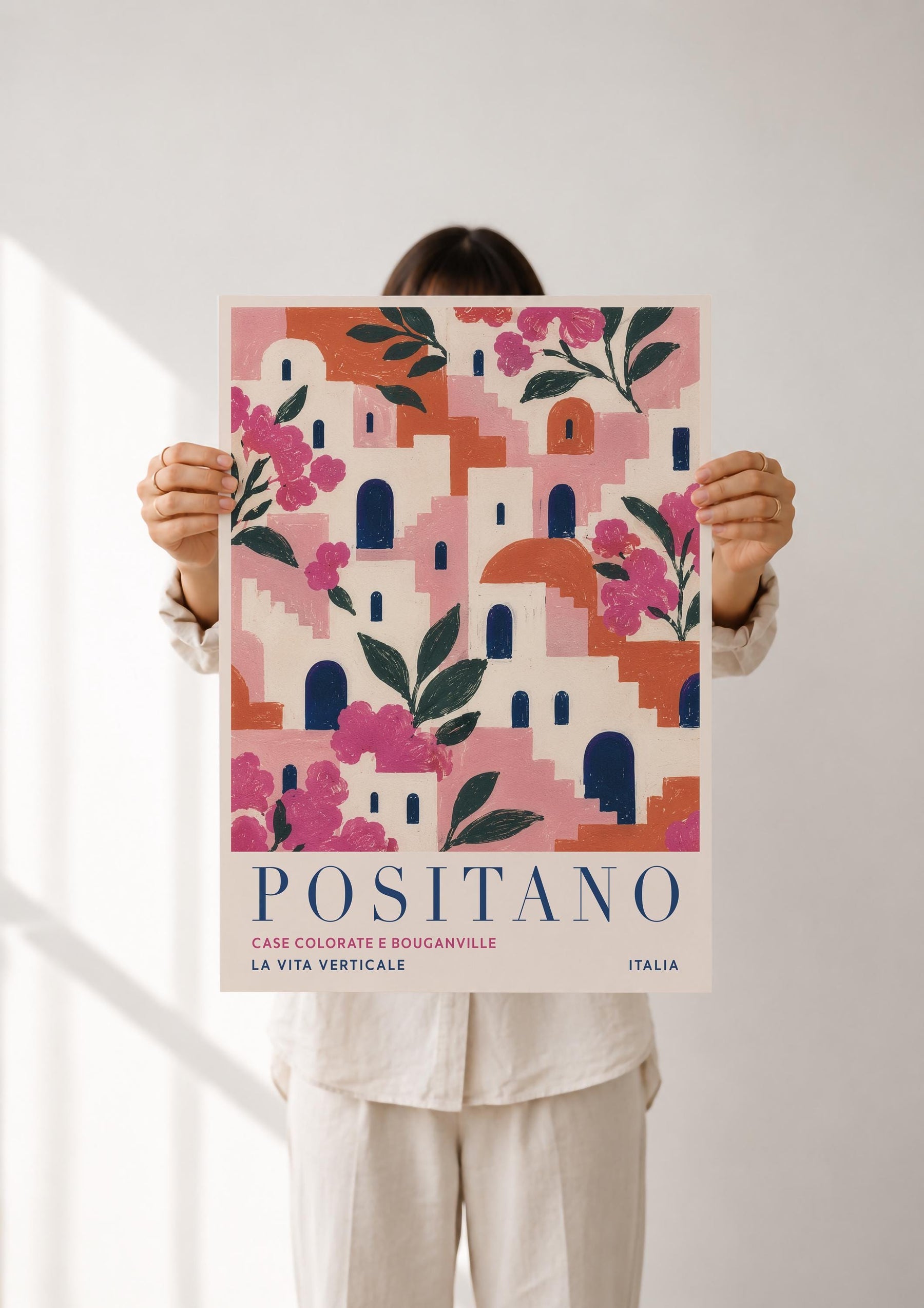 Positano Print | Amalfi Coast Travel Poster, Bougainvillea Floral Wall Art | Framed or Unframed