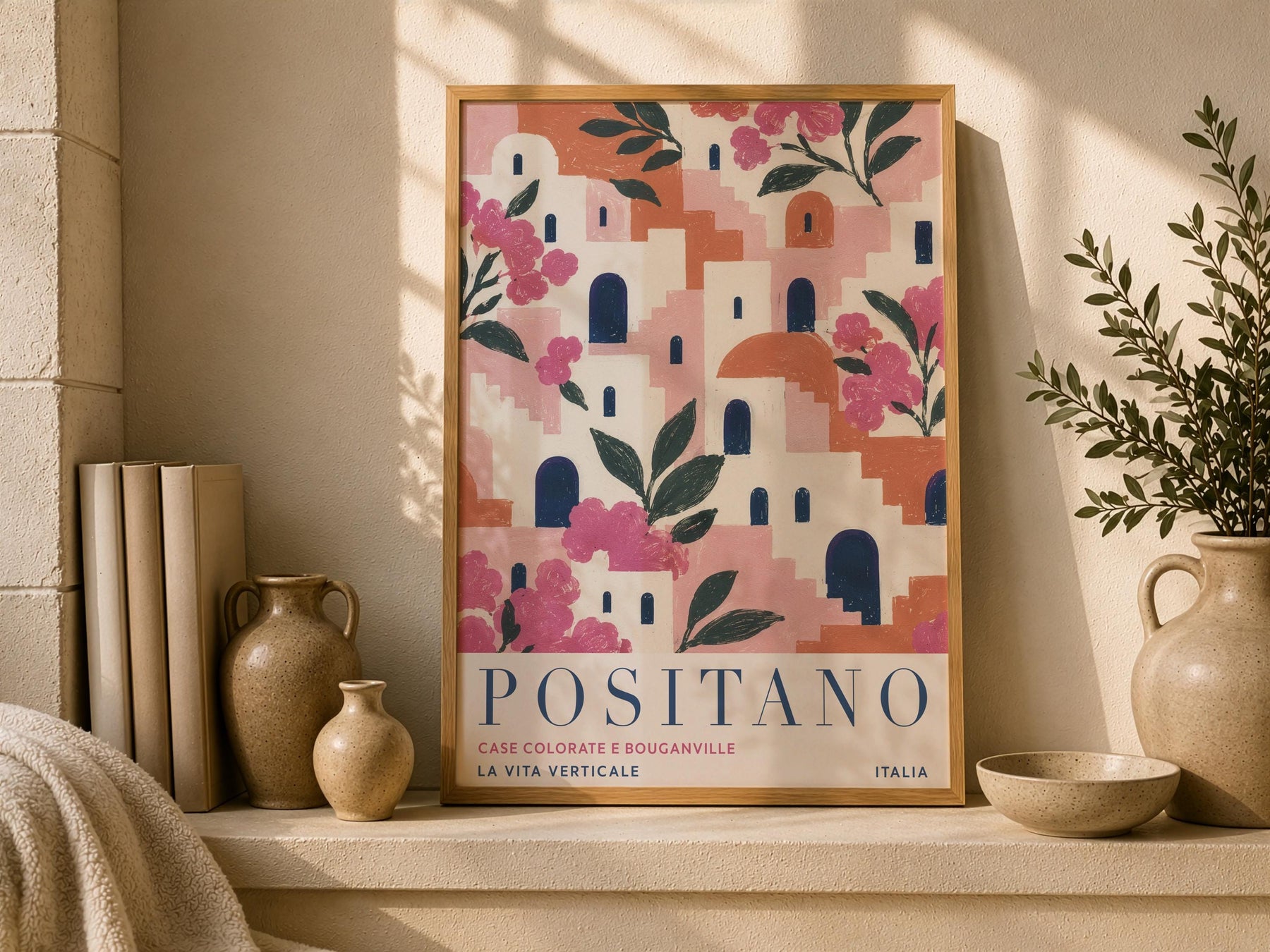 Positano Print | Amalfi Coast Travel Poster, Bougainvillea Floral Wall Art | Framed or Unframed