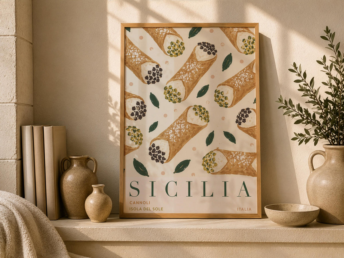 Sicily Cannoli Print | Hand-Painted Italian Food Travel Poster, Kitchen Decor | Framed or Unframed