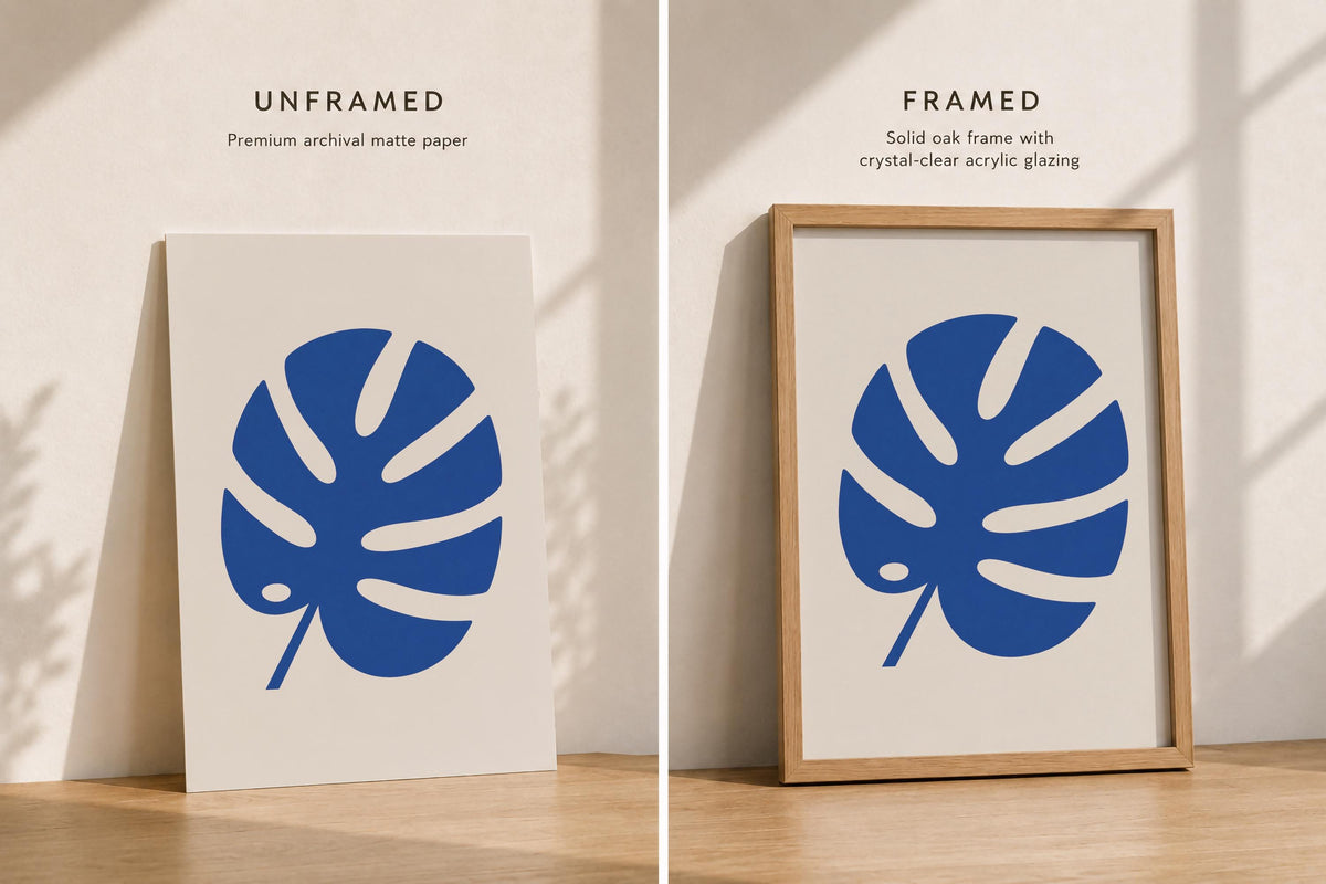 Blue Monstera Leaf Print | Modern Botanical Wall Art, Minimalist Room Decor | Framed or Unframed