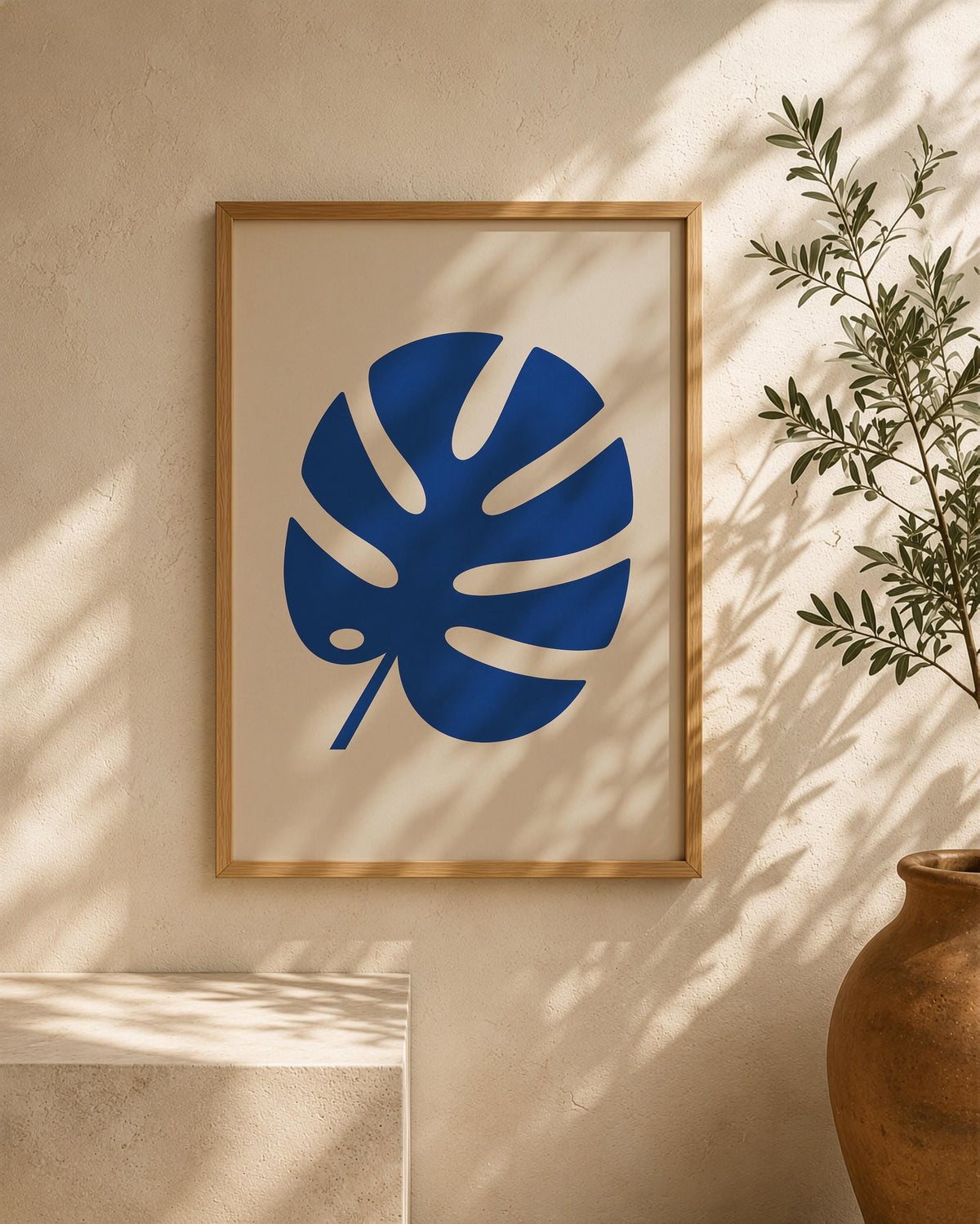 Blue Monstera Leaf Print | Modern Botanical Wall Art, Minimalist Room Decor | Framed or Unframed