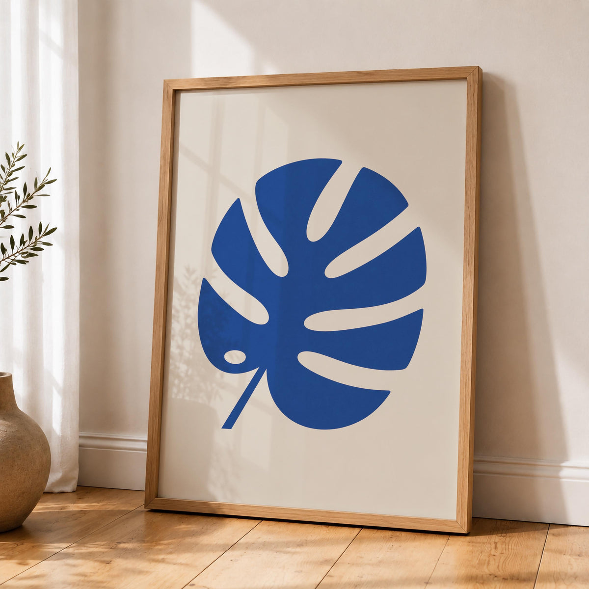 Blue Monstera Leaf Print | Modern Botanical Wall Art, Minimalist Room Decor | Framed or Unframed