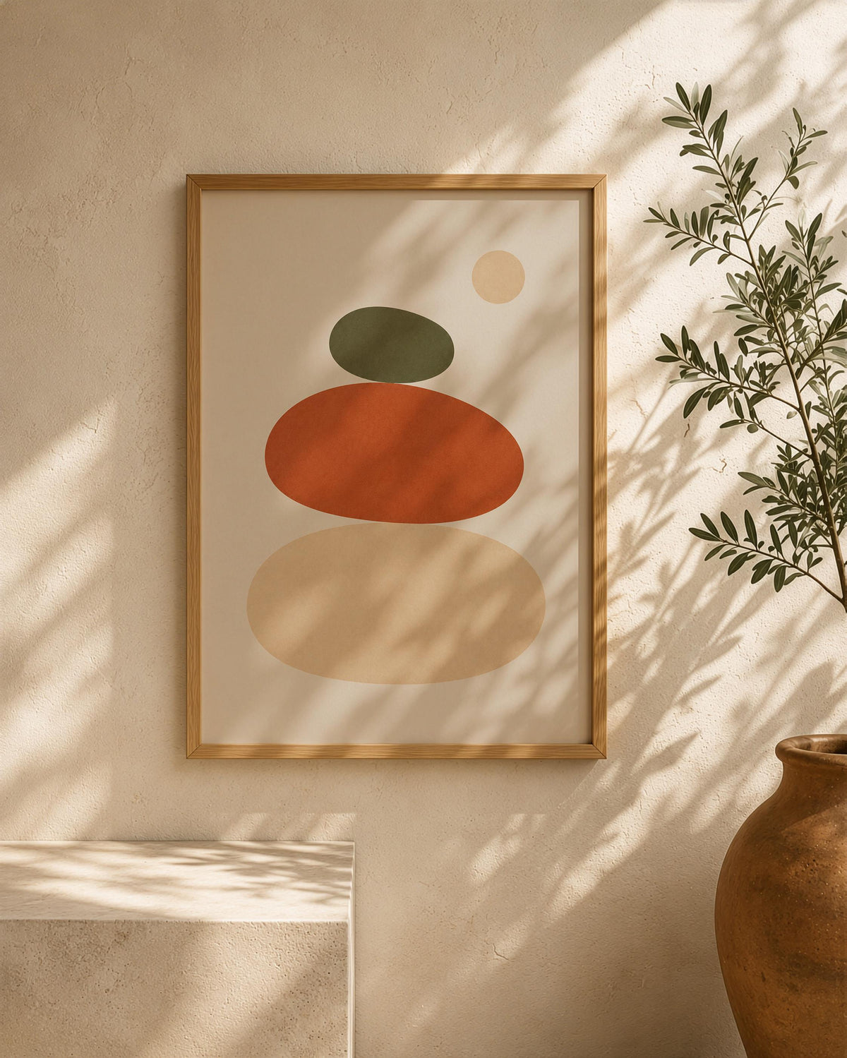 Balance Abstract Stacked Stones Print | Terracotta Olive Minimalist Wall Art | Framed or Unframed