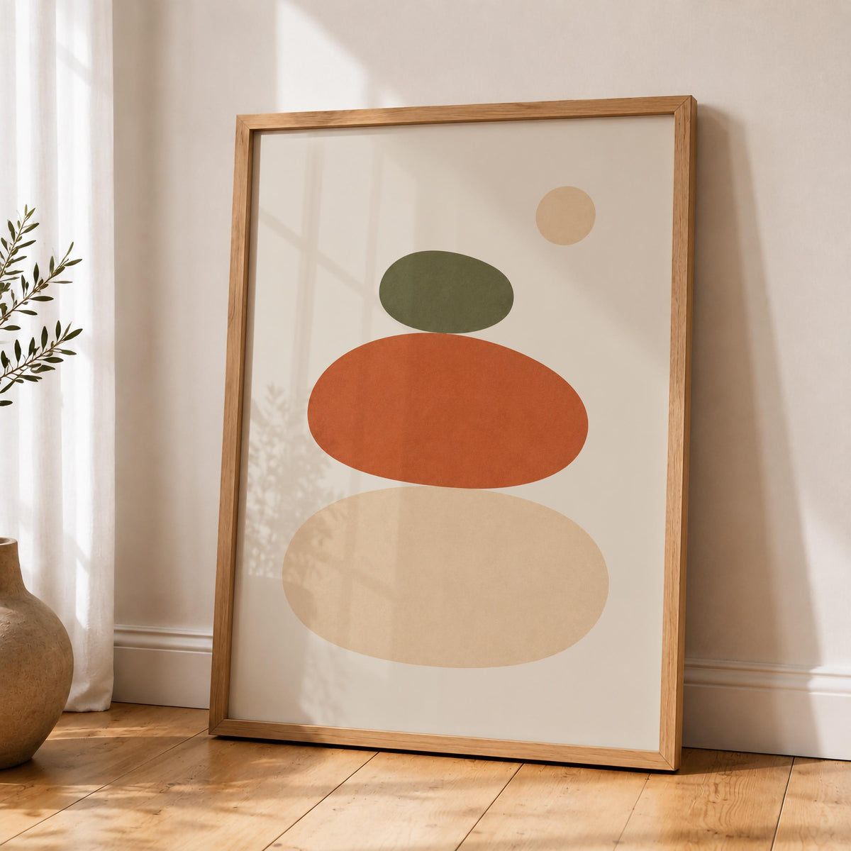 Balance Abstract Stacked Stones Print | Terracotta Olive Minimalist Wall Art | Framed or Unframed